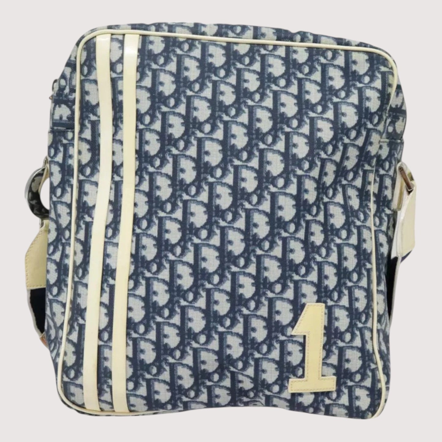 Christian Dior Vintage Trotter Canvas Shoulder Bag Navy Silver Adjustable Strap
