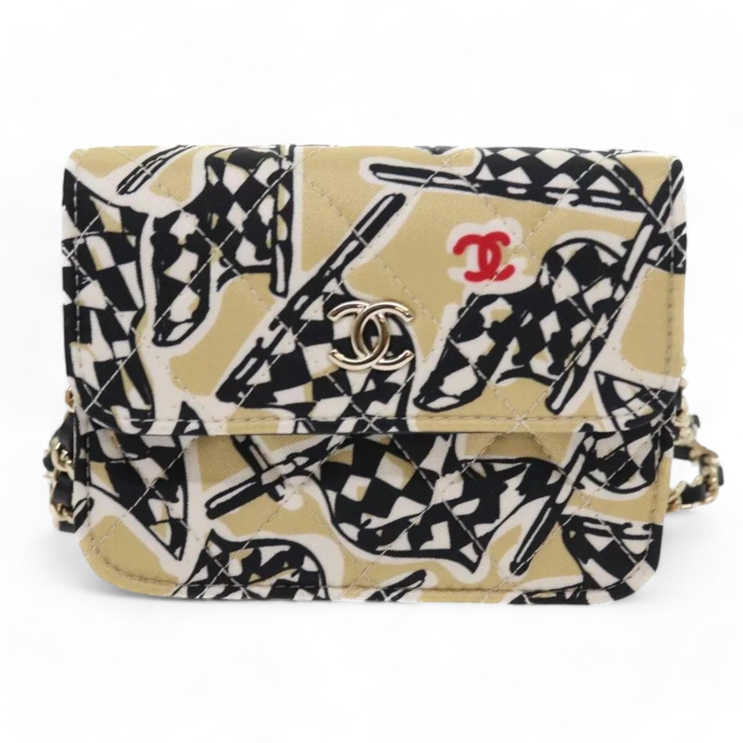 Chanel Mini Matelasse Shoulder Bag Canvas Beige Black CC Logo Chain Strap Women Handbag