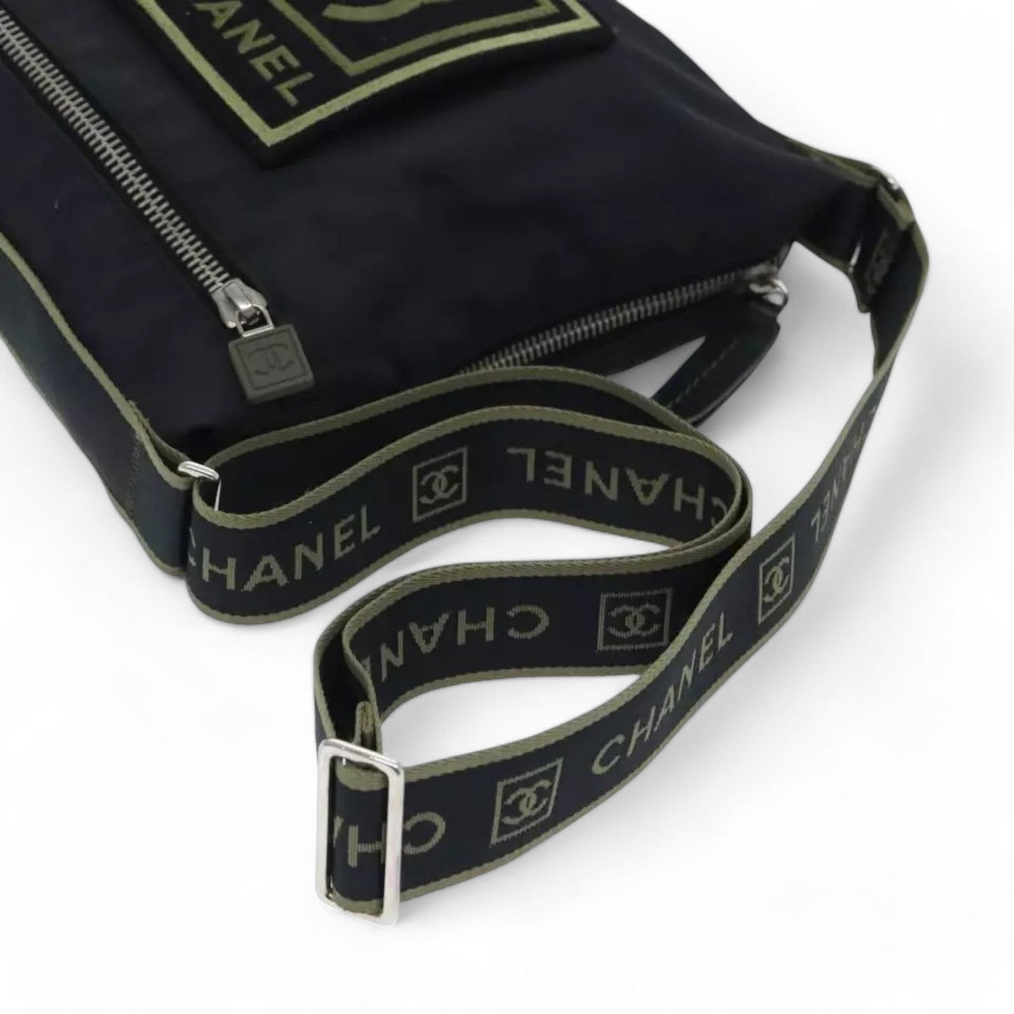 Chanel Sports Coco Mark Shoulder Bag Nylon Black Silver Vintage Crossbody Purse
