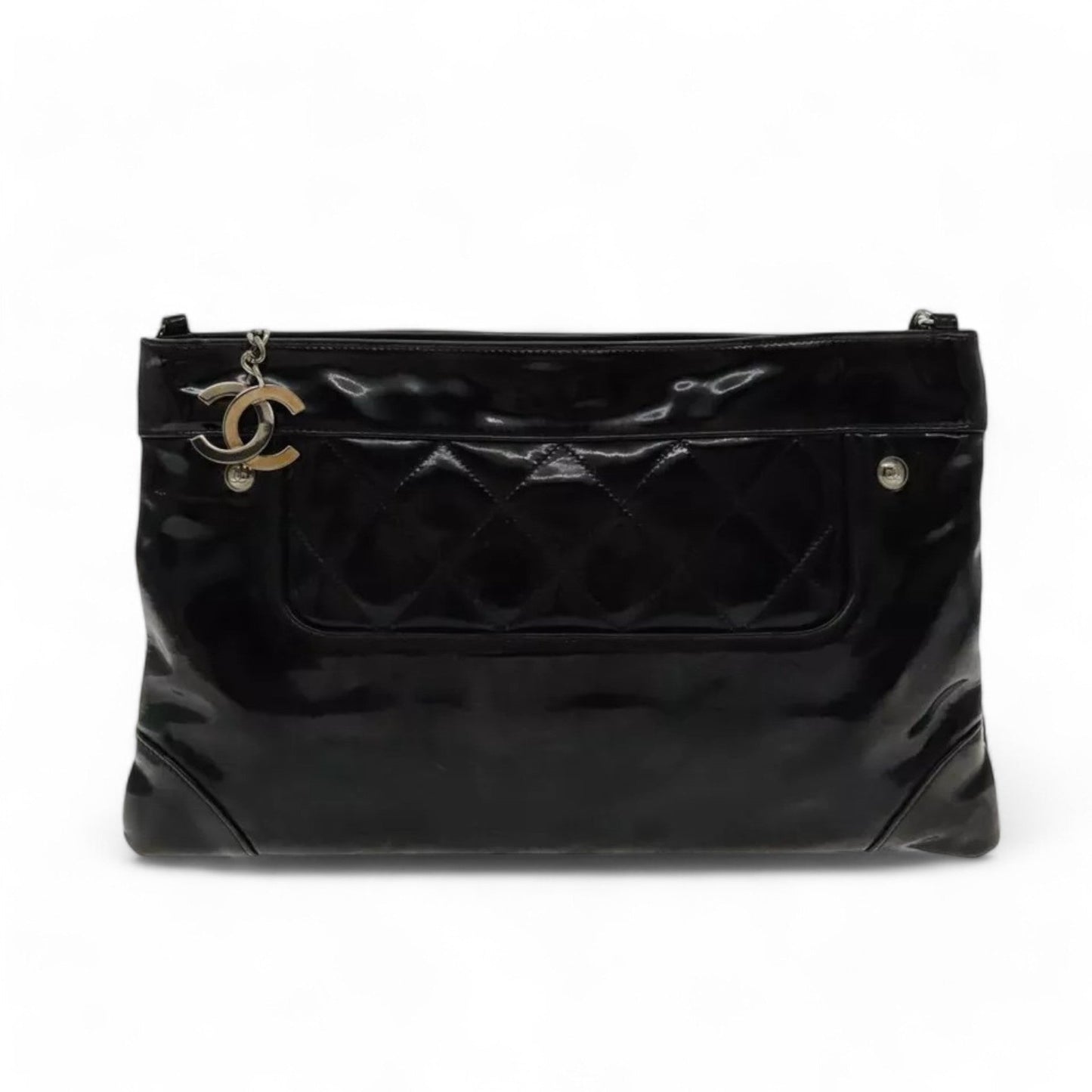 CHANEL Matelasse Chain Shoulder Bag Patent Leather Black Silver CC