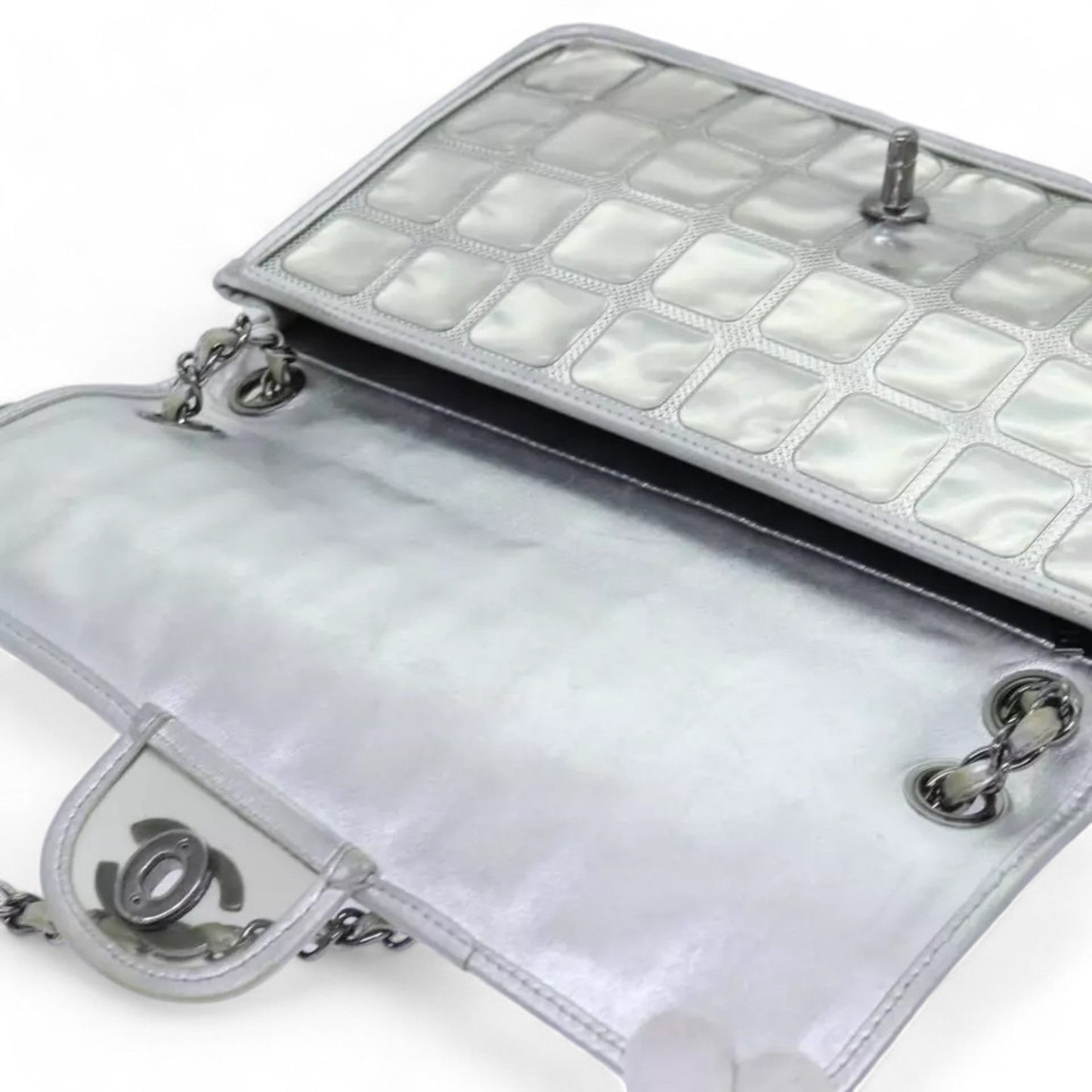 CHANEL Ice Cube Chain Turn Lock Bag Vinyl Silver Shoulder Bag