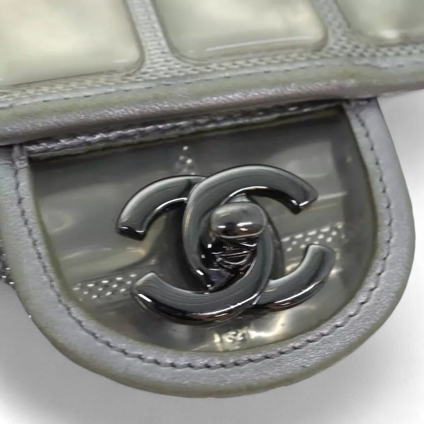 CHANEL Ice Cube Chain Turn Lock Bag Vinyl Silver Shoulder Bag