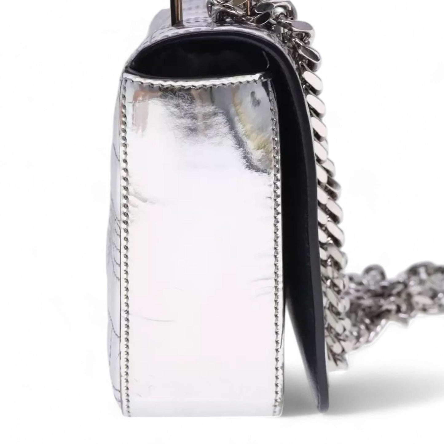 Burberry Chain Shoulder Bag Patent Leather Silver Women Handbag