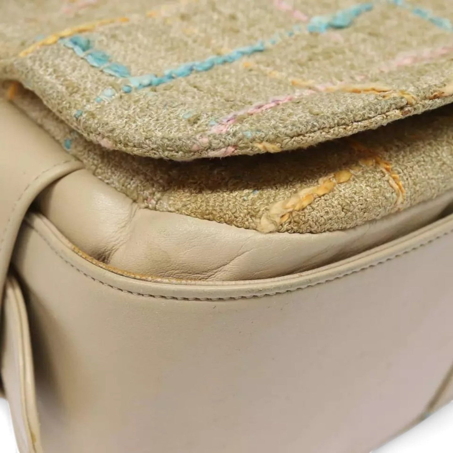 CHANEL Choco Bar Turn Lock Shoulder Bag Wool Women Vintage Multicolor Beige Gold Hardware