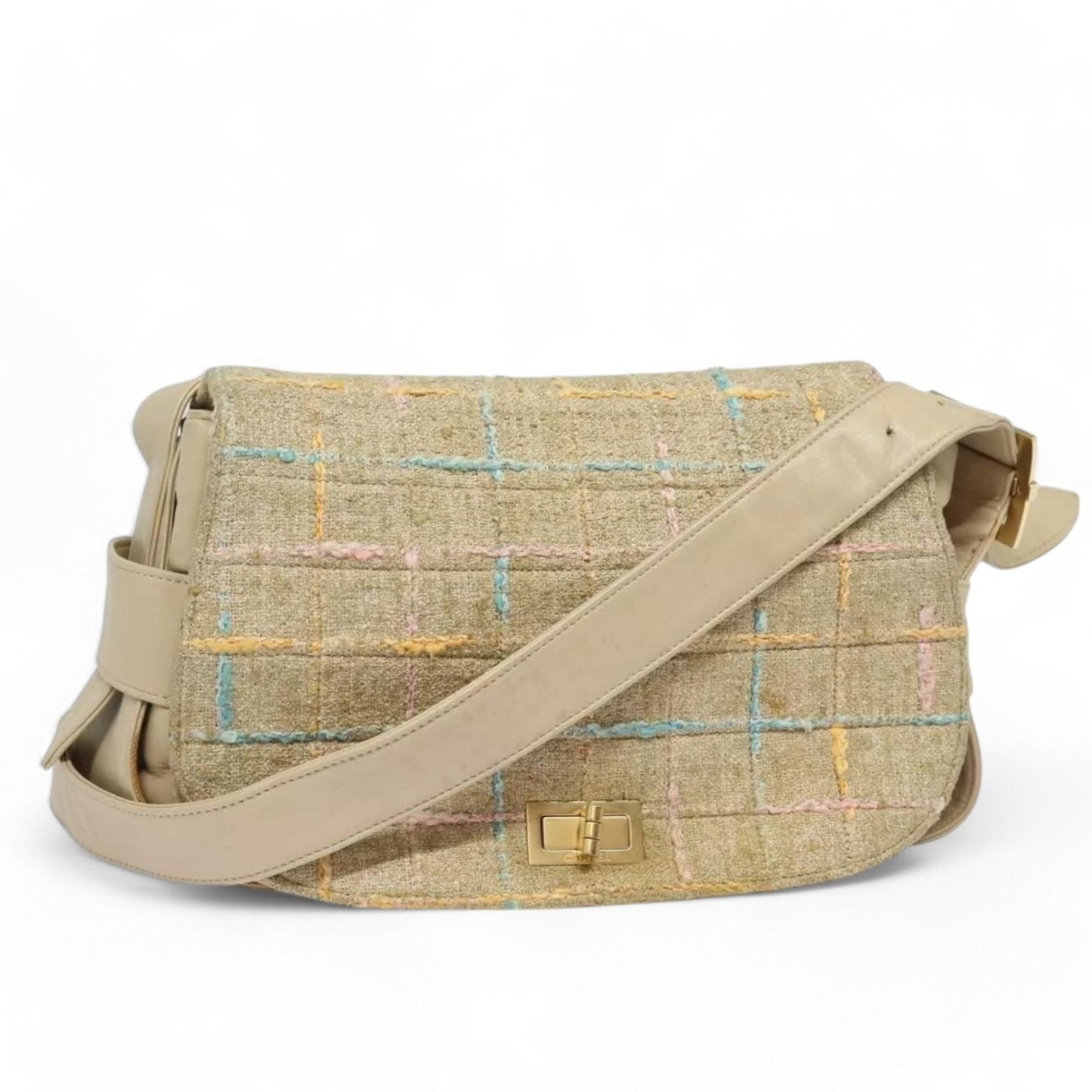 CHANEL Choco Bar Turn Lock Shoulder Bag Wool Women Vintage Multicolor Beige Gold Hardware