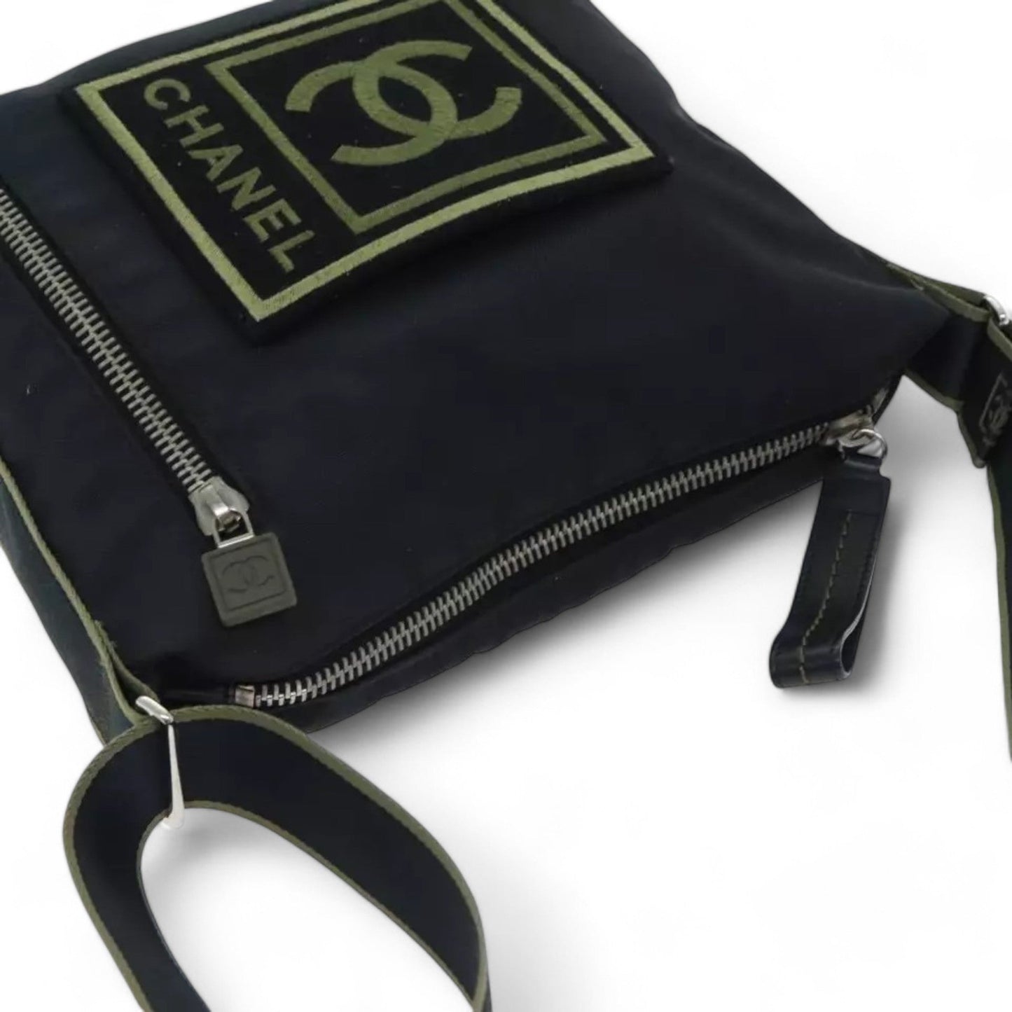 Chanel Sports Coco Mark Shoulder Bag Nylon Black Silver Vintage Crossbody Purse