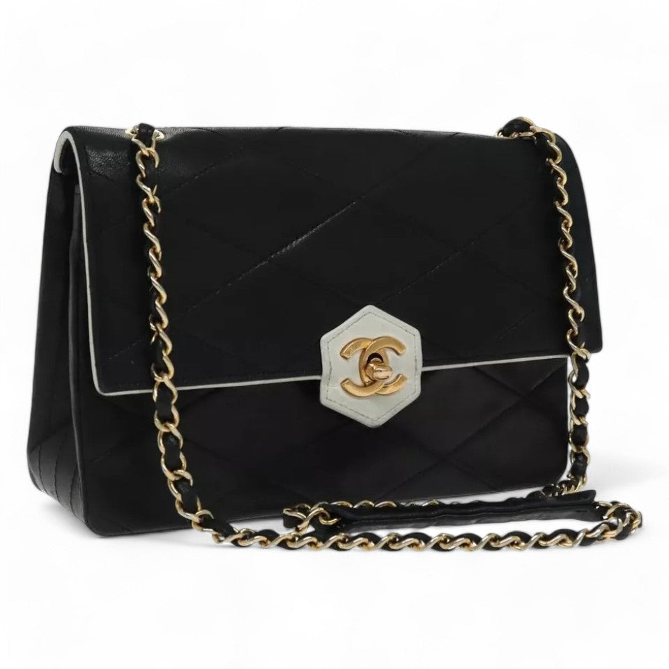 Chanel Matelasse Chain Shoulder Bag Lambskin Black Gold CC