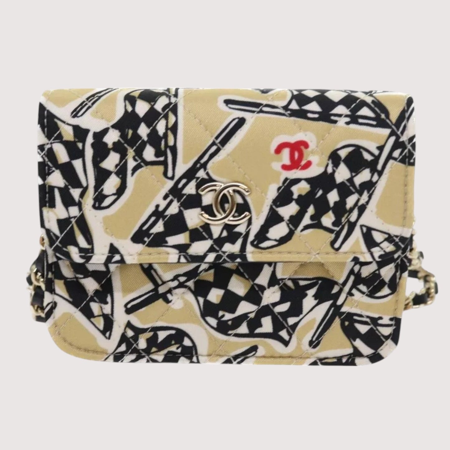 Chanel Mini Matelasse Shoulder Bag Canvas Beige Black CC Logo Chain Strap Women Handbag