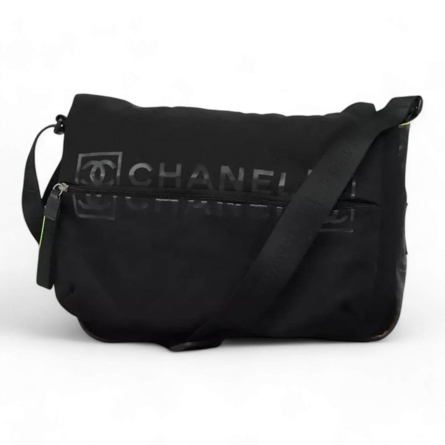 Chanel Sports Shoulder Bag Nylon Black Silver Unisex CC Logo Adjustable Strap