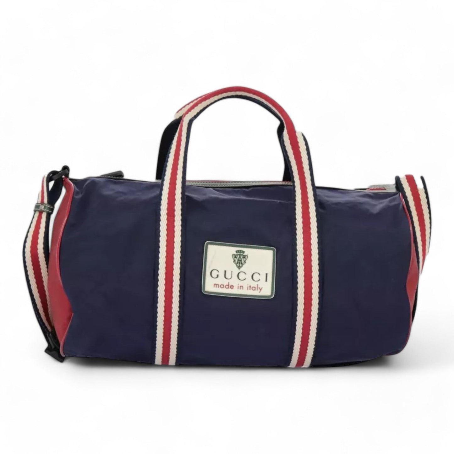 Gucci Sherry Line Hand Bag Nylon 2way Navy Red Shoulder Strap Handle Drop Vintage Unisex Made in Italy