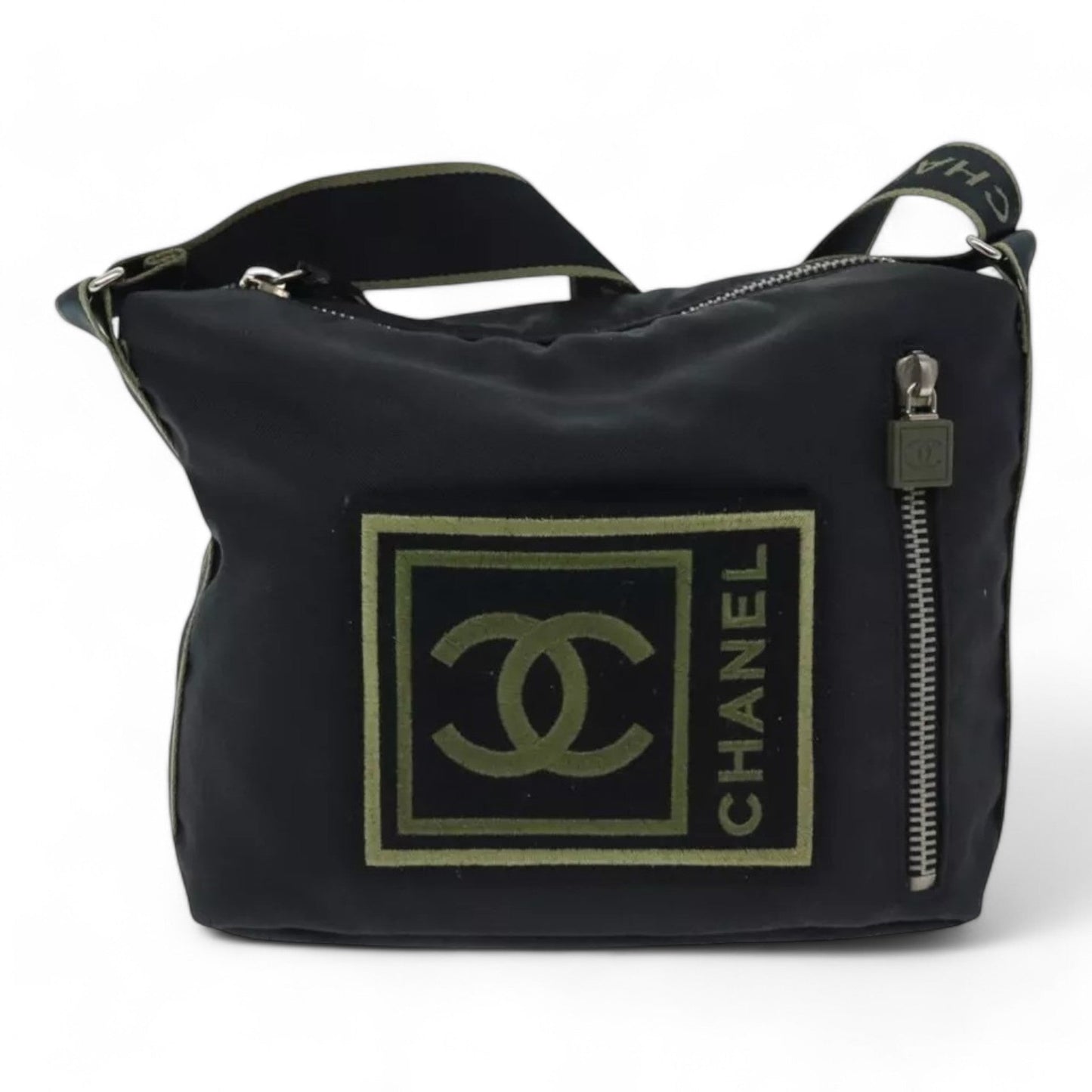 Chanel Sports Coco Mark Shoulder Bag Nylon Black Silver Vintage Crossbody Purse