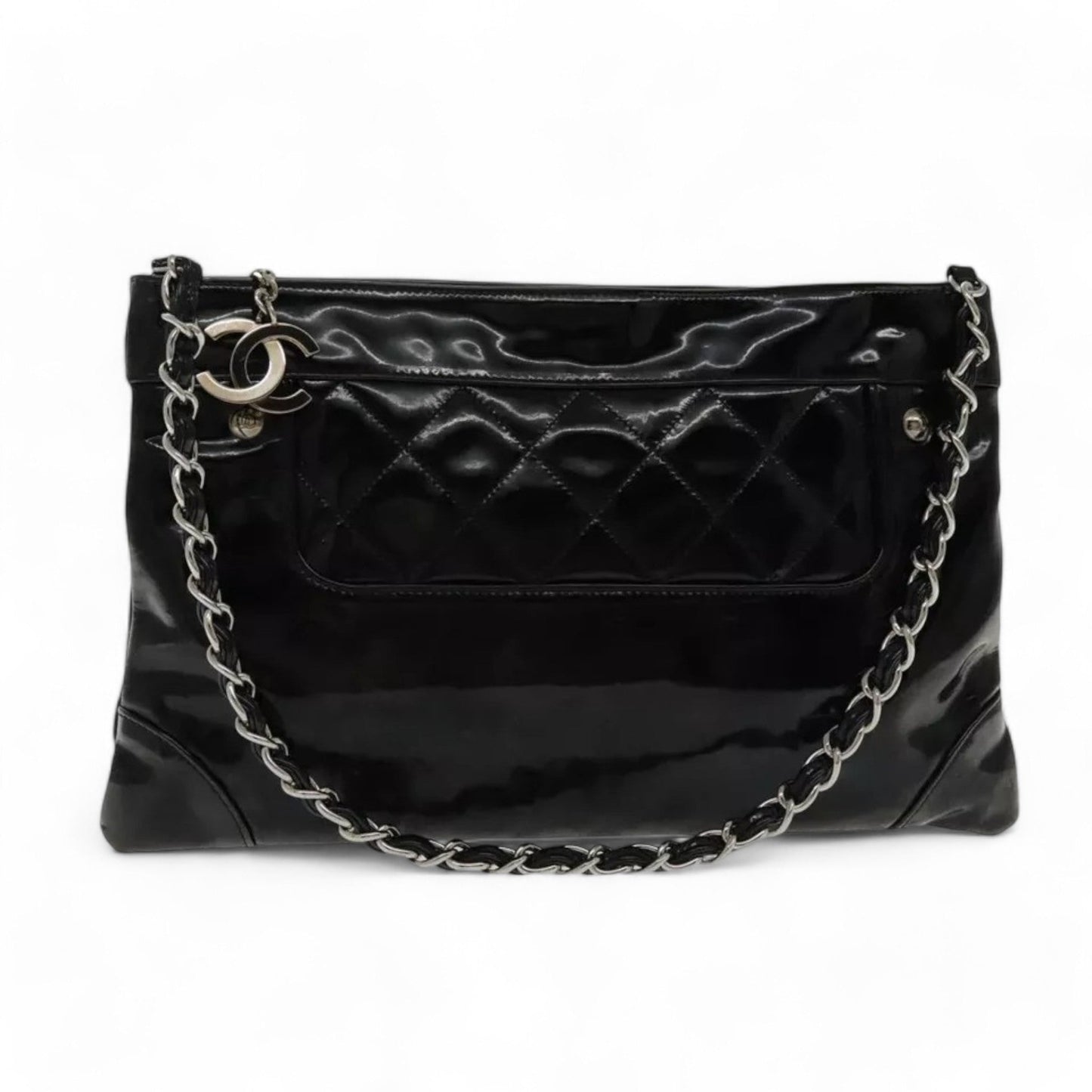 CHANEL Matelasse Chain Shoulder Bag Patent Leather Black Silver CC