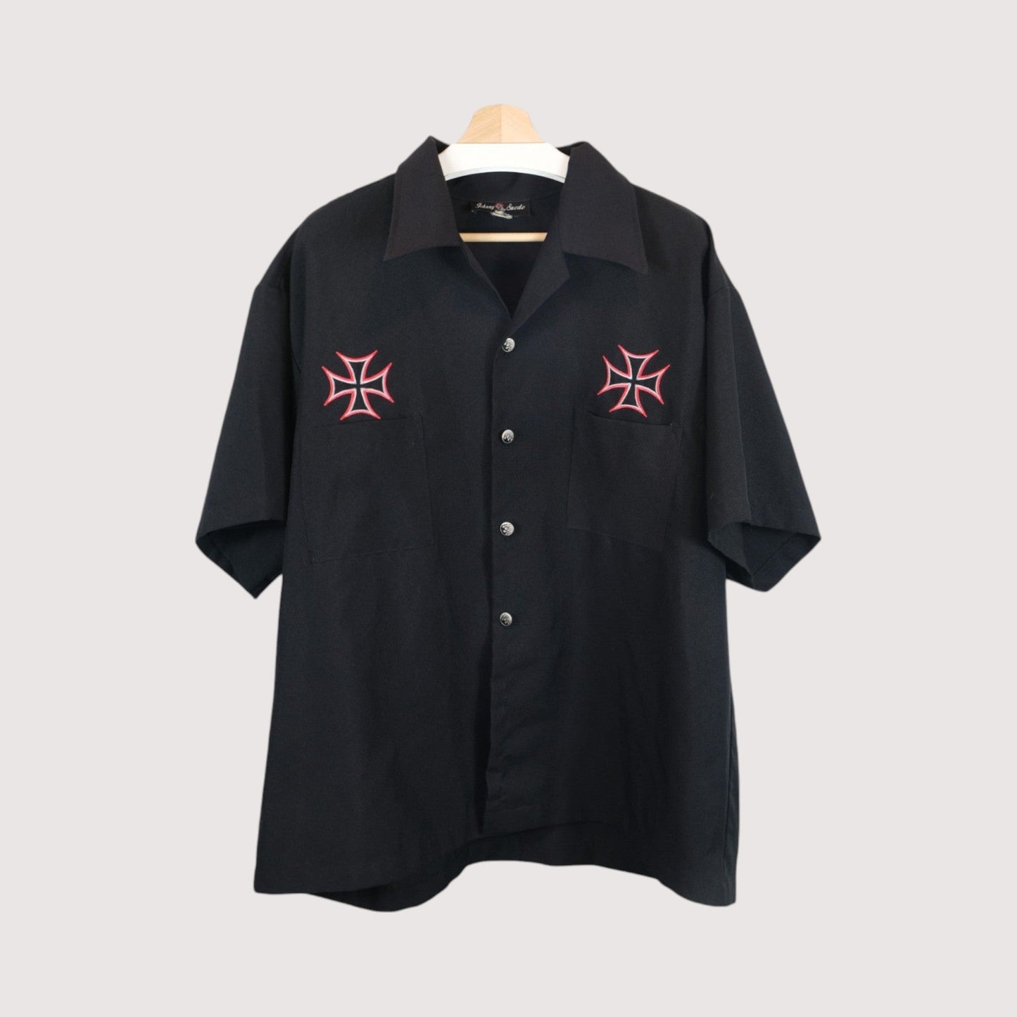 Johnny Suede Black Grunge Collar Short Sleeve Button-Up Shirt - Flame Cross Embroidery