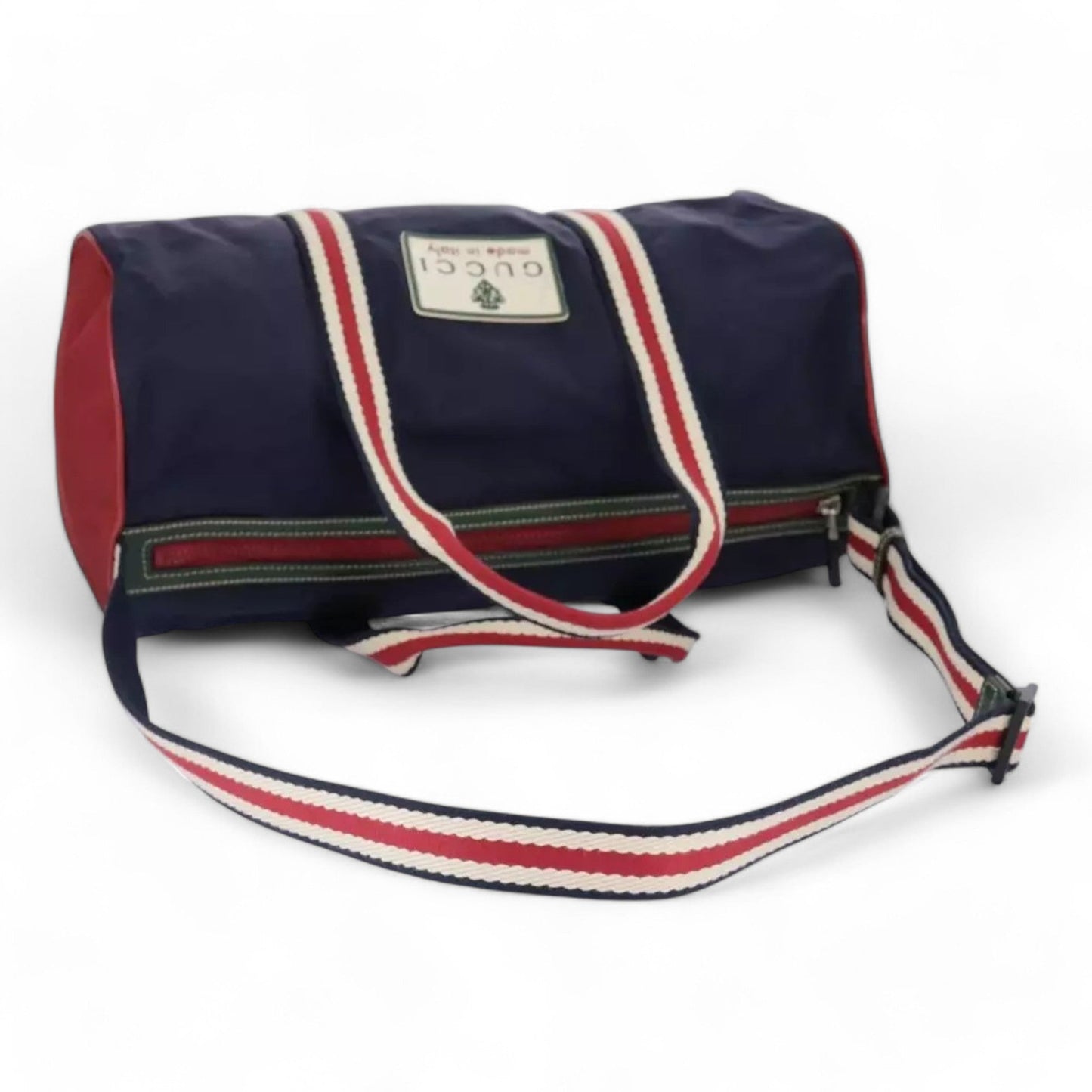 Gucci Sherry Line Hand Bag Nylon 2way Navy Red Shoulder Strap Handle Drop Vintage Unisex Made in Italy