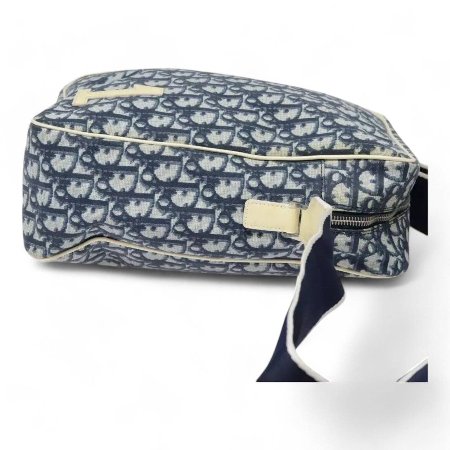 Christian Dior Vintage Trotter Canvas Shoulder Bag Navy Silver Adjustable Strap