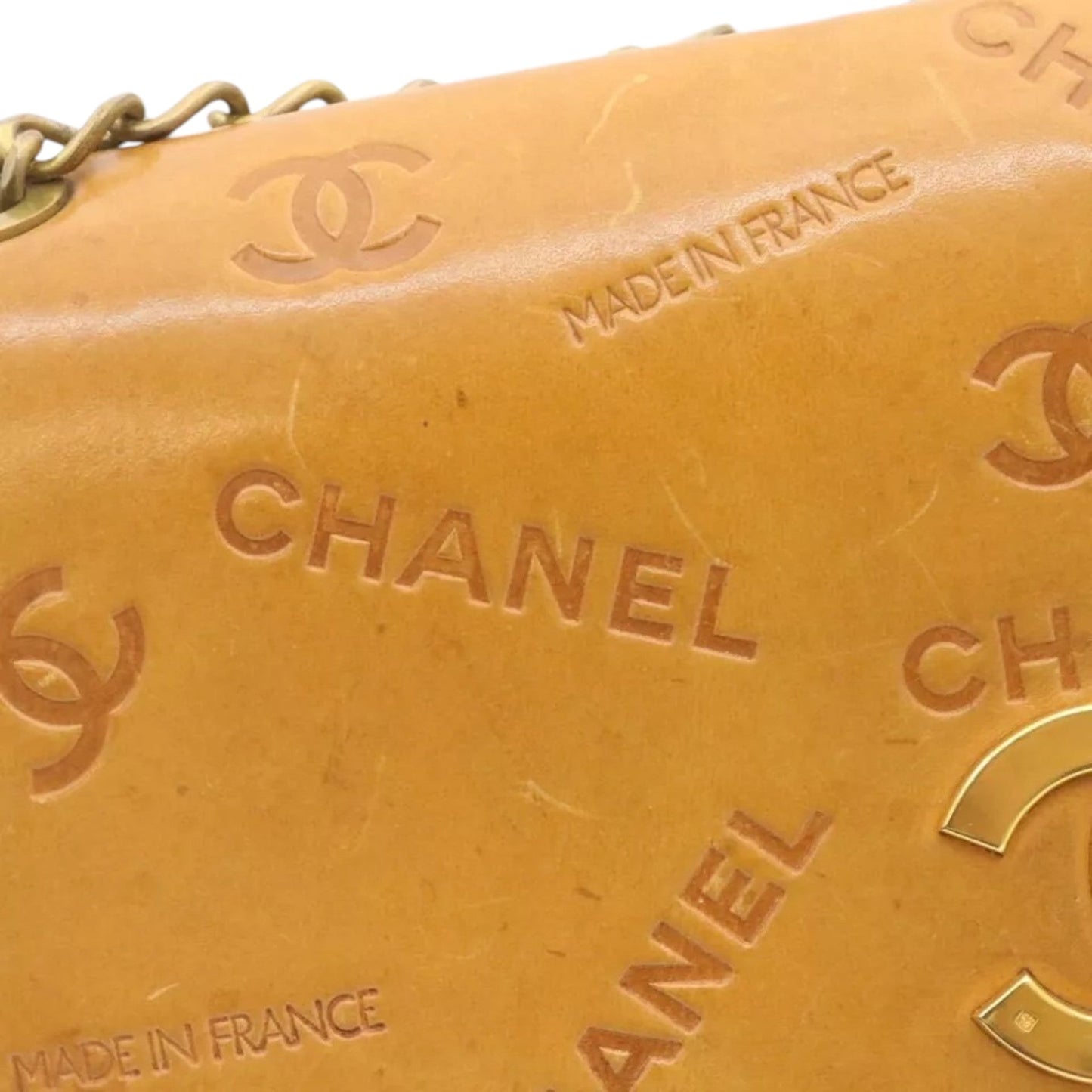 Chanel Raffia Chain Flap Shoulder Bag Beige Leather