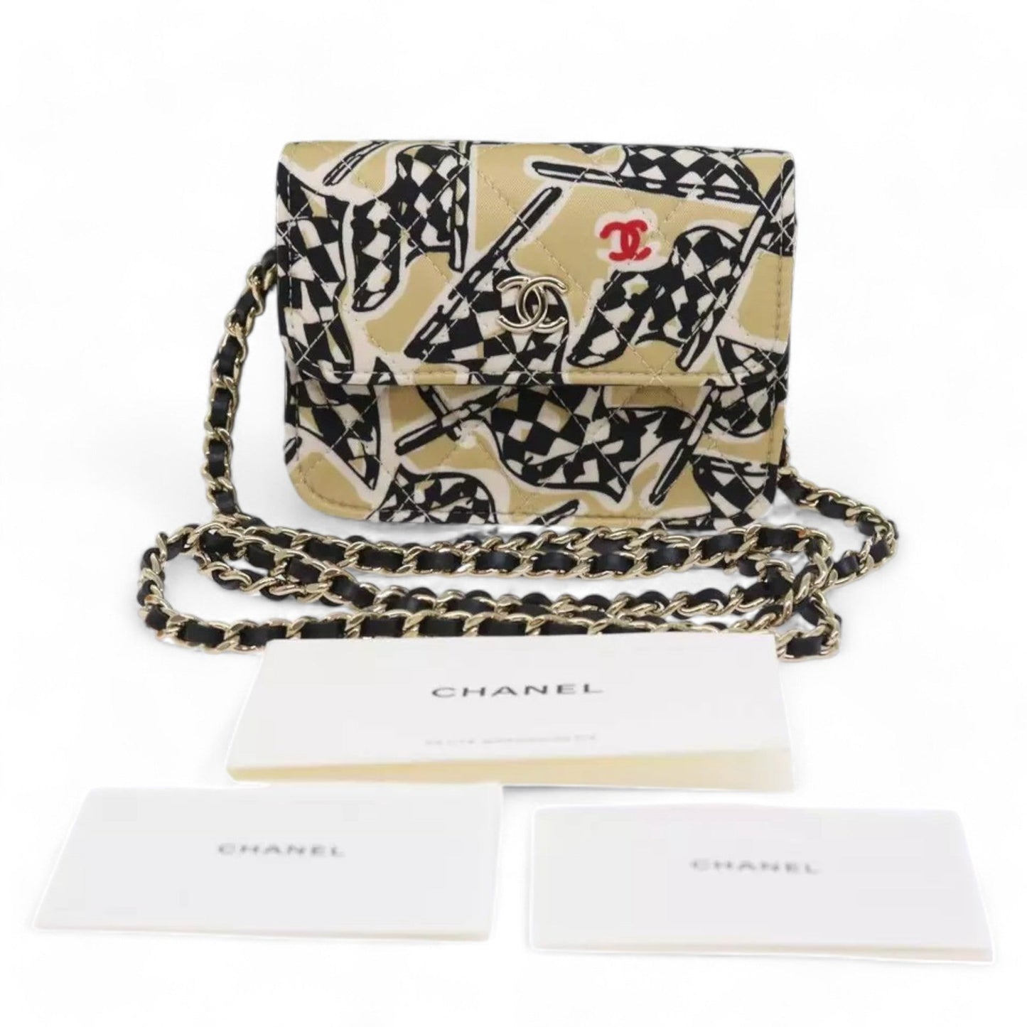 Chanel Mini Matelasse Shoulder Bag Canvas Beige Black CC Logo Chain Strap Women Handbag