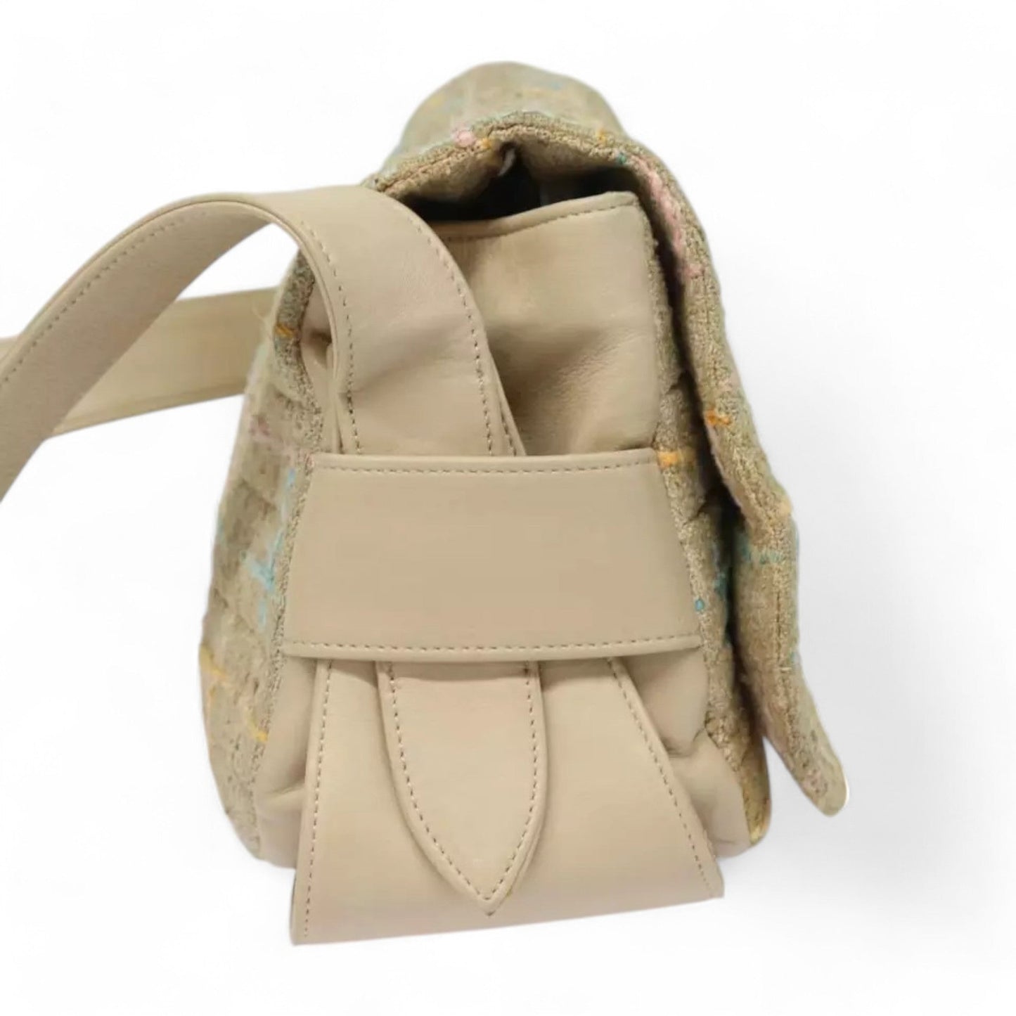 CHANEL Choco Bar Turn Lock Shoulder Bag Wool Women Vintage Multicolor Beige Gold Hardware