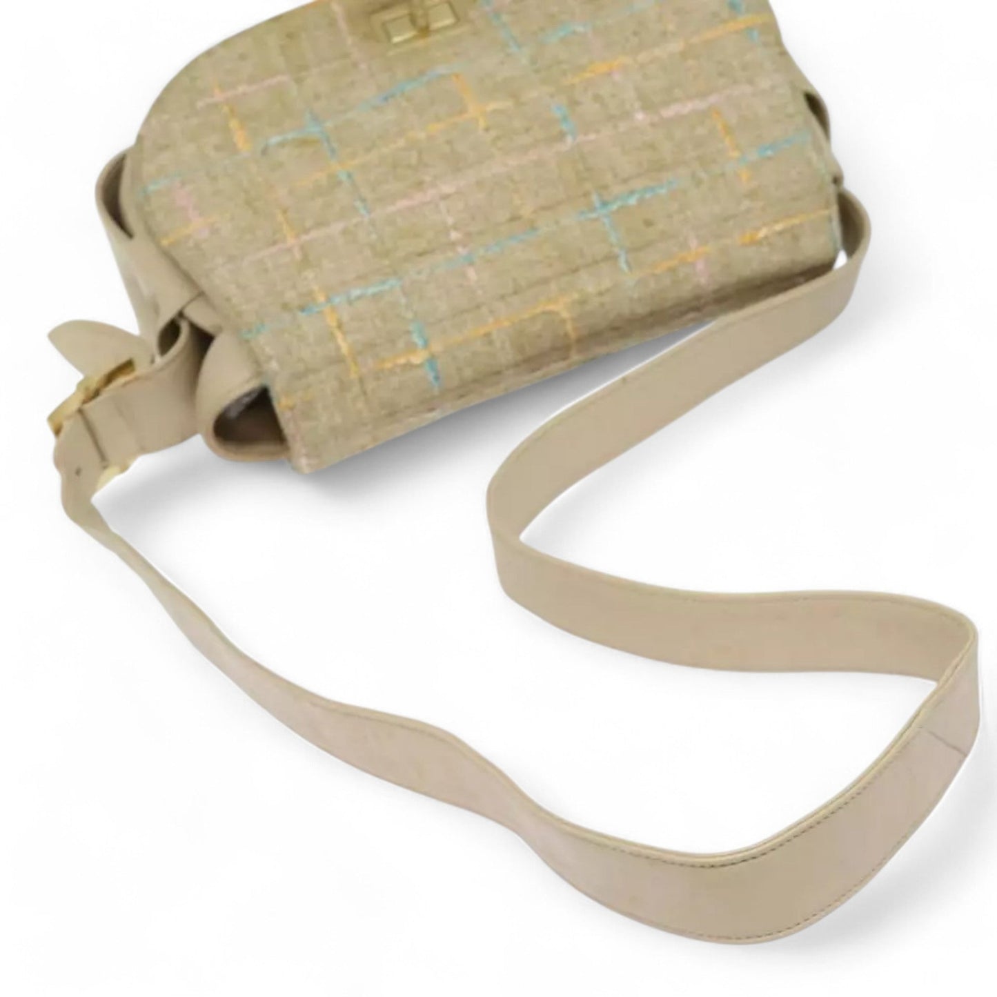 CHANEL Choco Bar Turn Lock Shoulder Bag Wool Women Vintage Multicolor Beige Gold Hardware