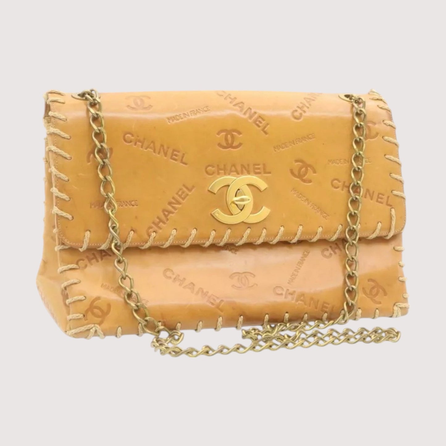 Chanel Raffia Chain Flap Shoulder Bag Beige Leather