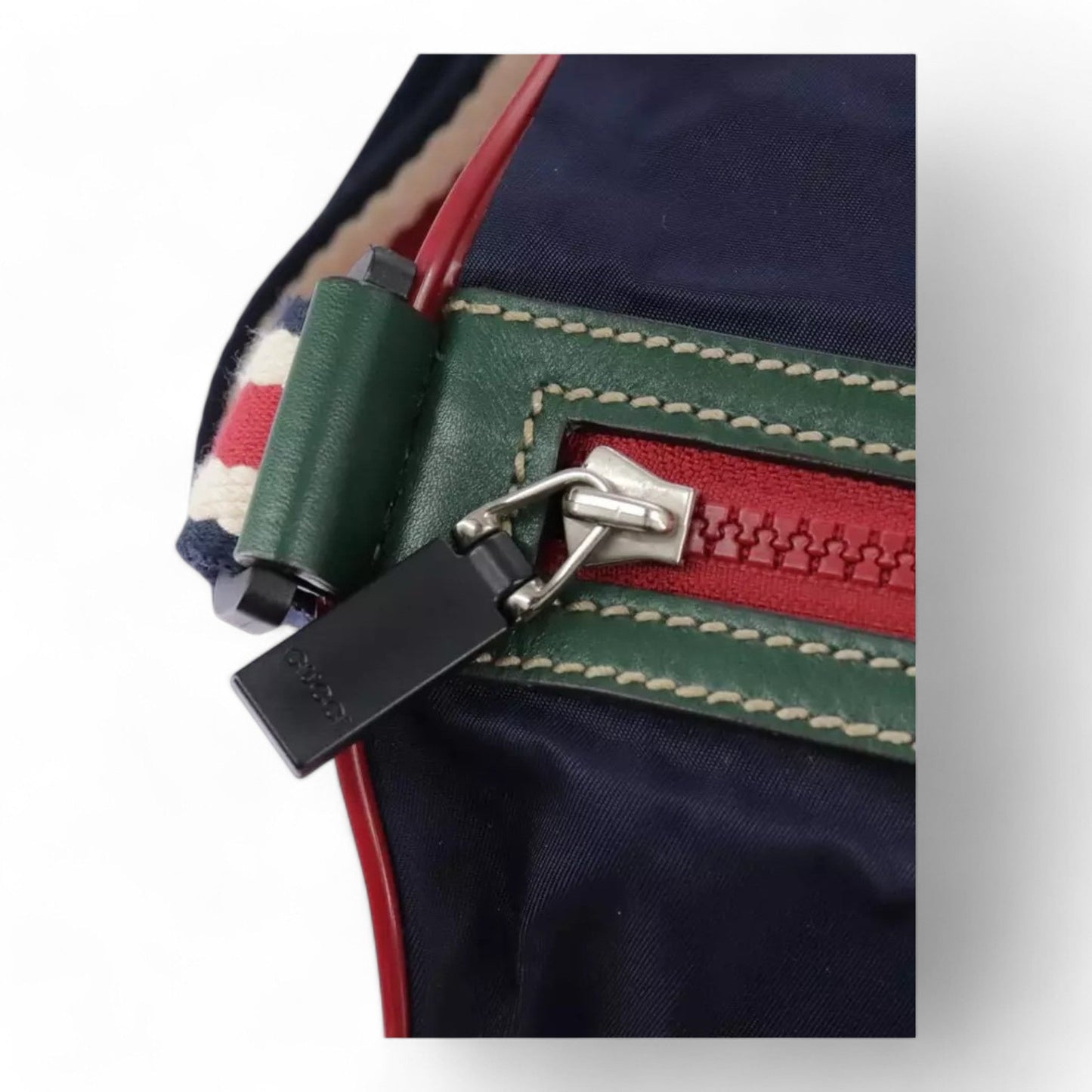 Gucci Sherry Line Hand Bag Nylon 2way Navy Red Shoulder Strap Handle Drop Vintage Unisex Made in Italy