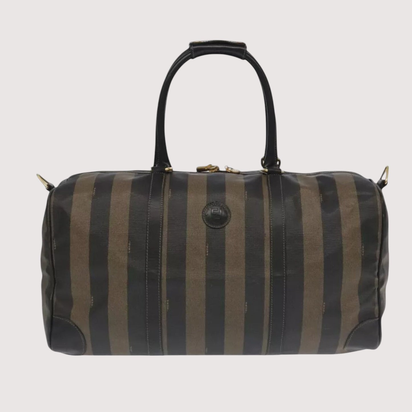 Fendi Pecan Canvas Boston Bag PVC Leather 2way Brown Shoulder Strap Padlock