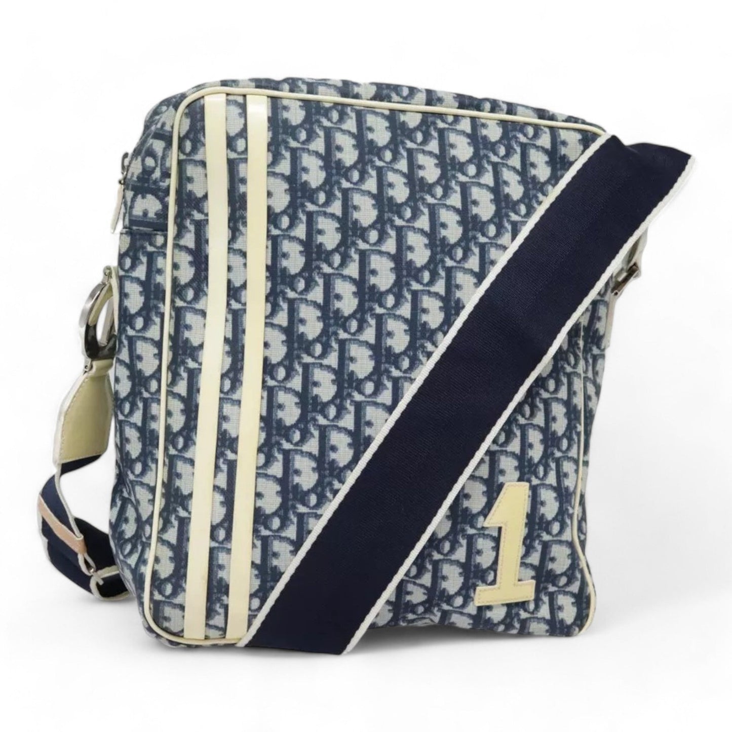 Christian Dior Vintage Trotter Canvas Shoulder Bag Navy Silver Adjustable Strap