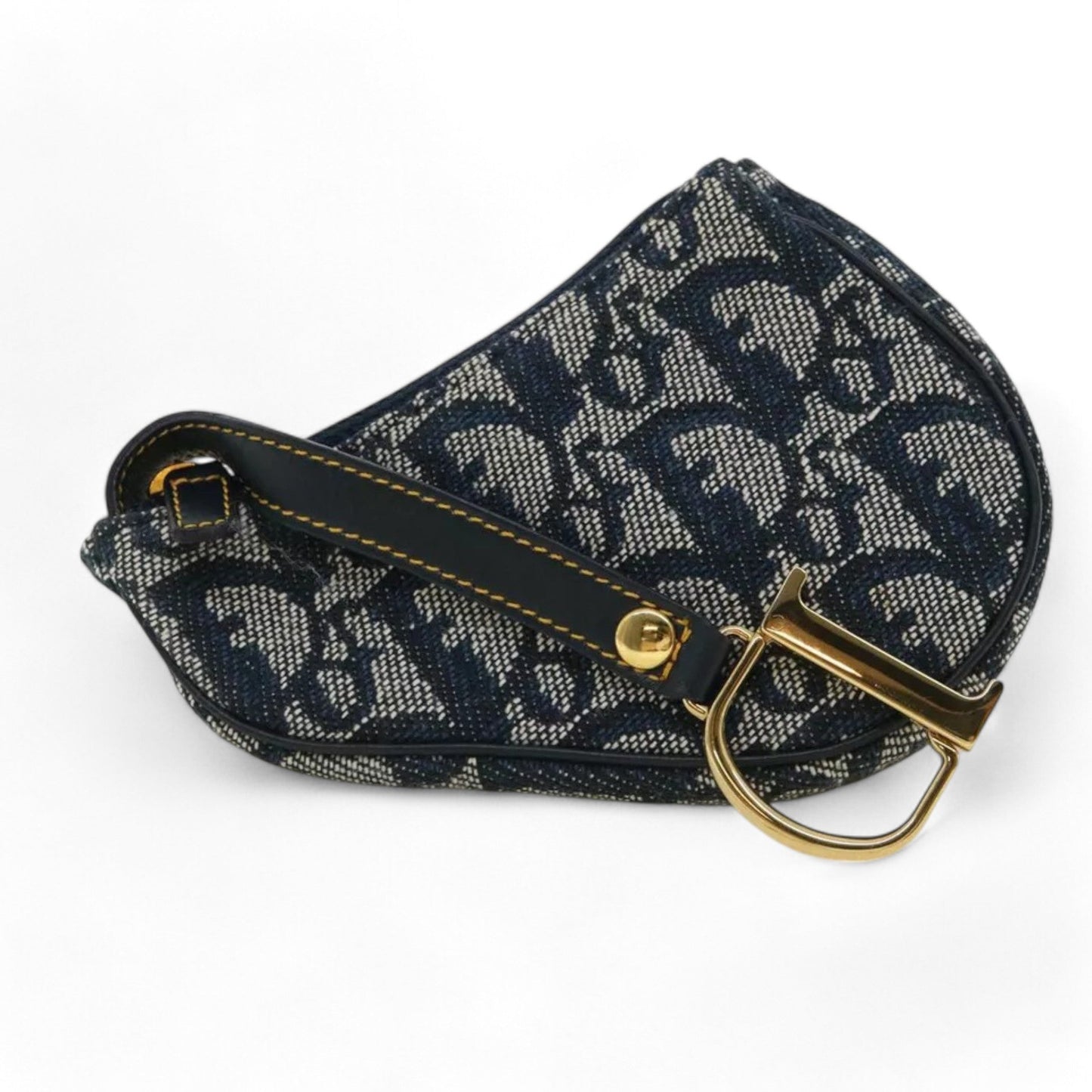 Christian Dior Trotter Canvas Saddle Coin Purse Navy Blue Gold Hardware Women's Handbag
