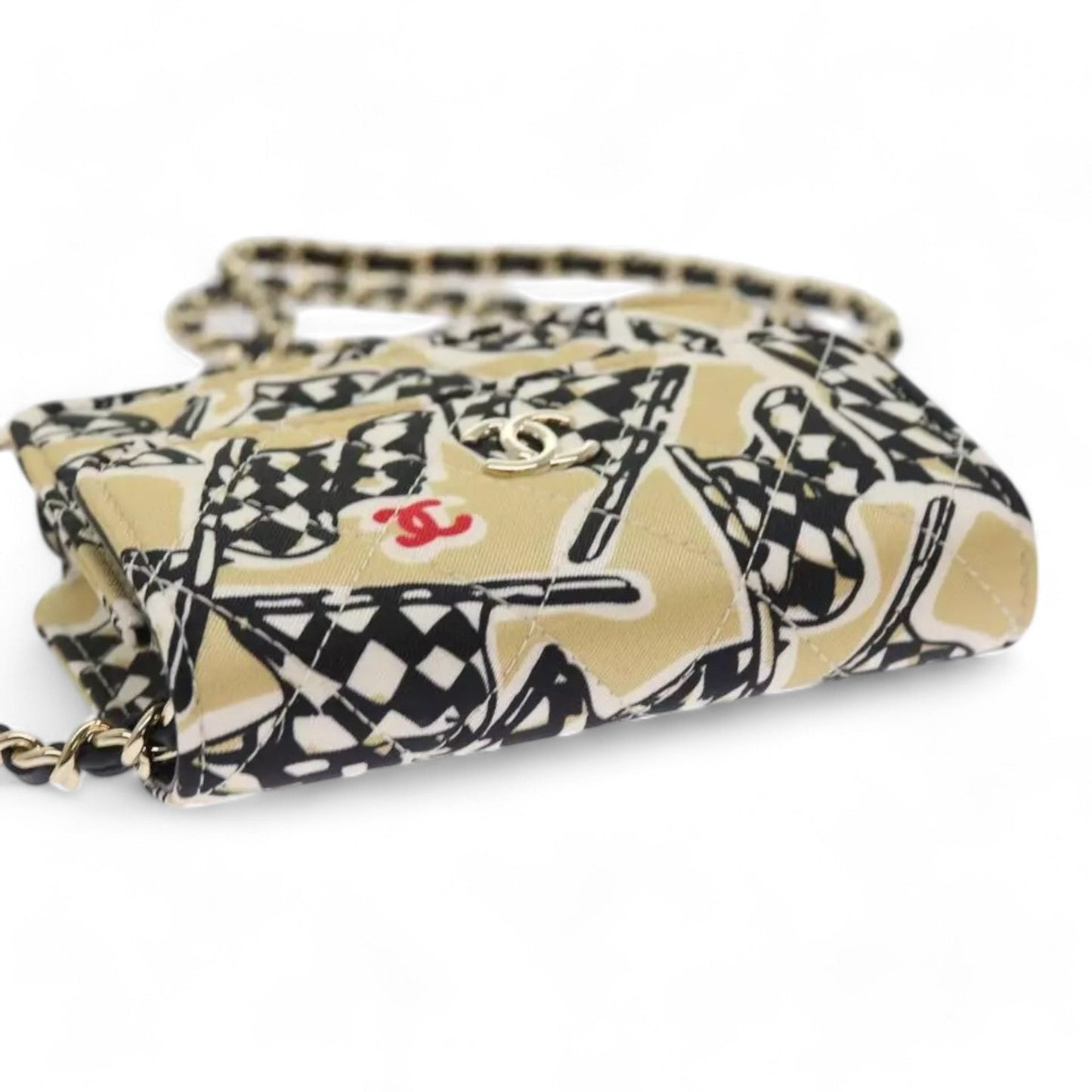 Chanel Mini Matelasse Shoulder Bag Canvas Beige Black CC Logo Chain Strap Women Handbag