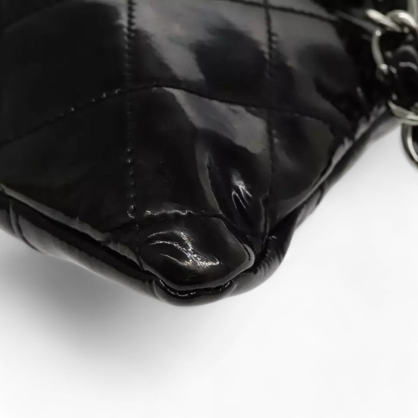 CHANEL Matelasse Chain Shoulder Bag Patent Leather Black Silver CC