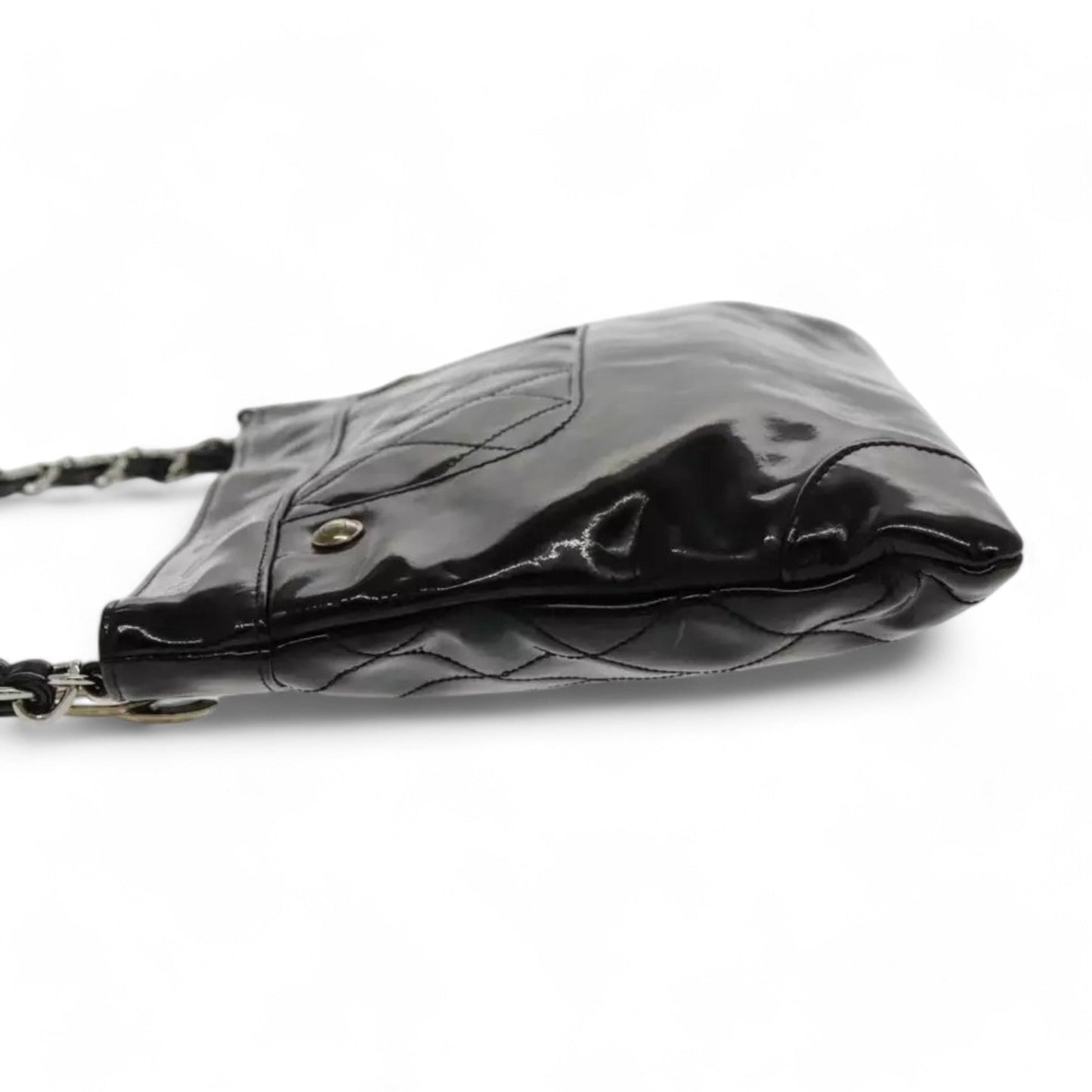 CHANEL Matelasse Chain Shoulder Bag Patent Leather Black Silver CC