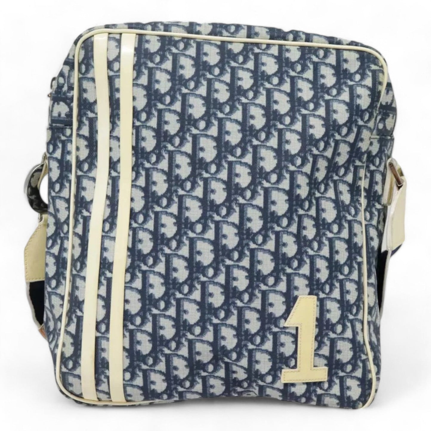 Christian Dior Vintage Trotter Canvas Shoulder Bag Navy Silver Adjustable Strap