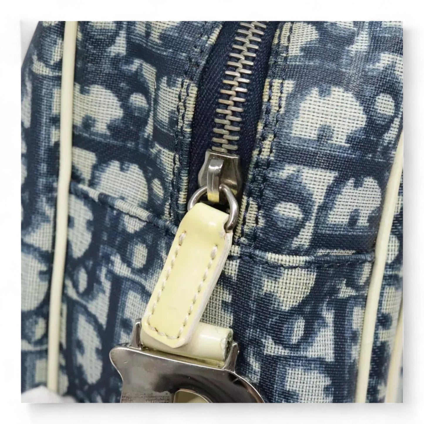 Christian Dior Vintage Trotter Canvas Shoulder Bag Navy Silver Adjustable Strap