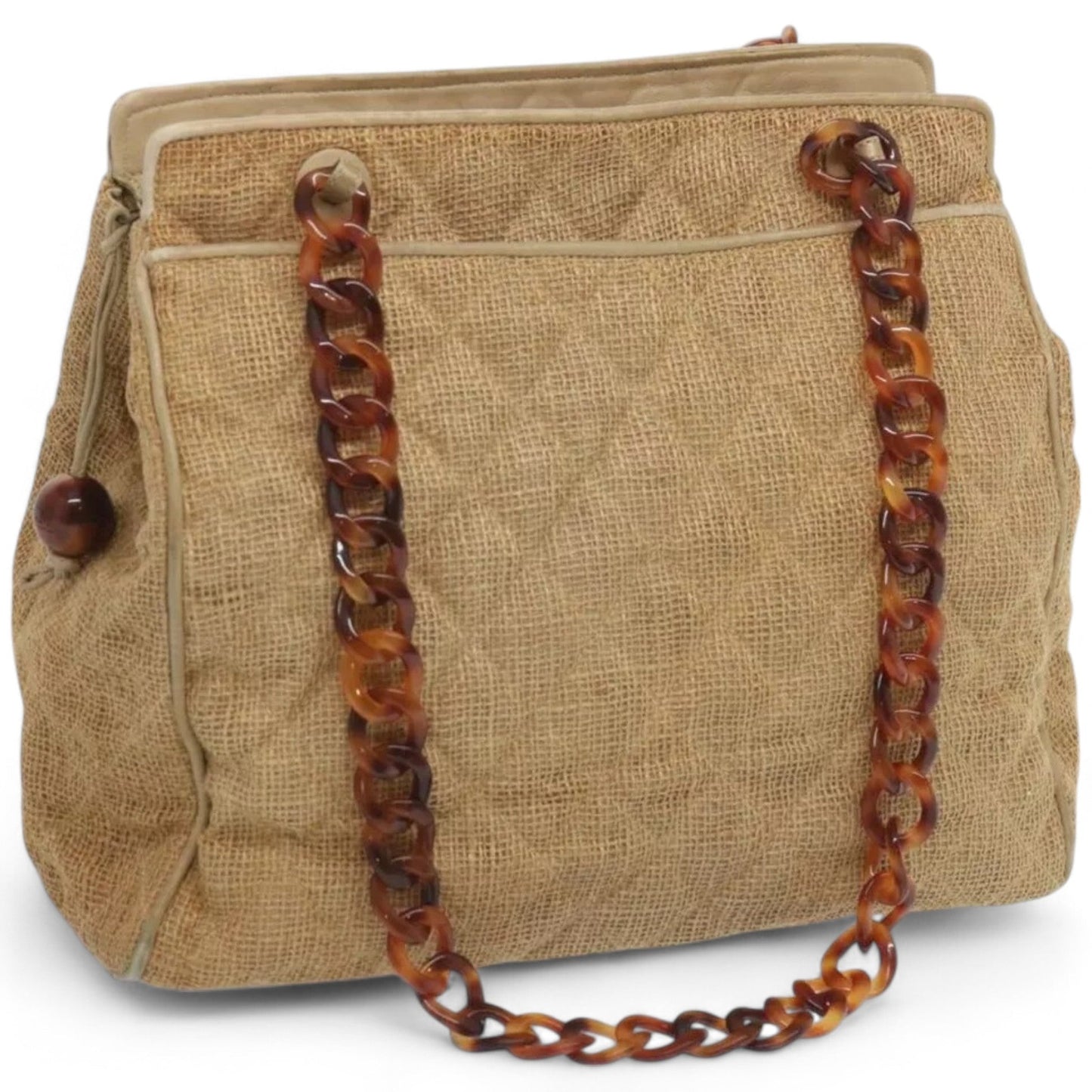 Chanel Matelasse Tote Bag Straw Brown CC Auth Quilted Chain Strap