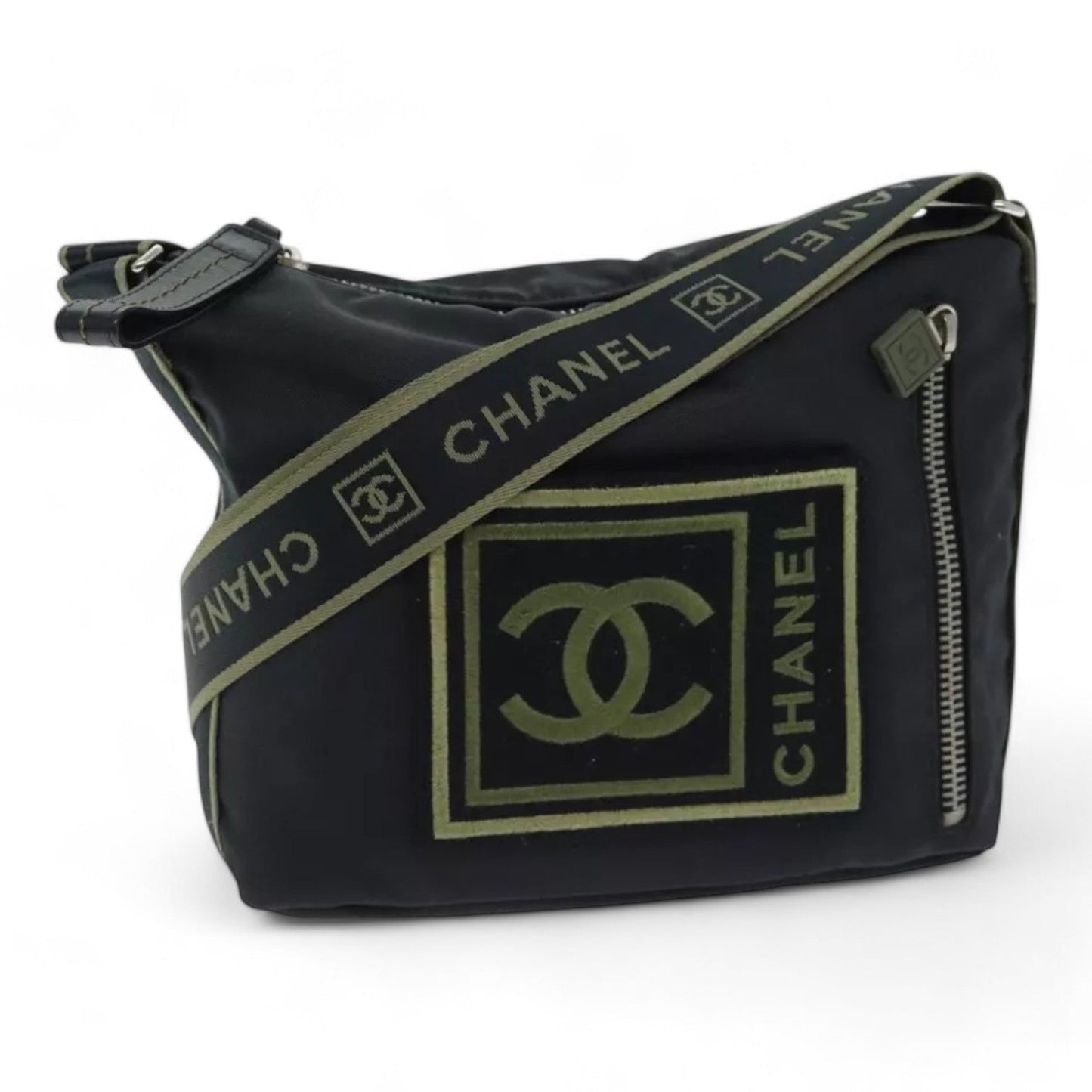 Chanel Sports Coco Mark Shoulder Bag Nylon Black Silver Vintage Crossbody Purse