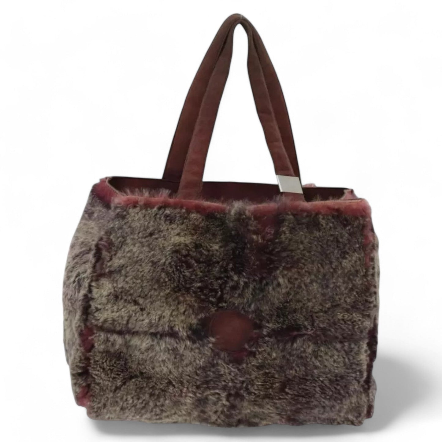 CHANEL Tote Bag Wine Red Brown Silver Fur Women with Pouch