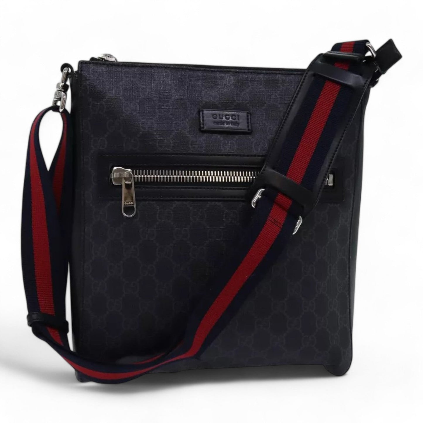 Gucci GG Supreme Sherry Line Shoulder Bag PVC Navy Red Shoulder Strap