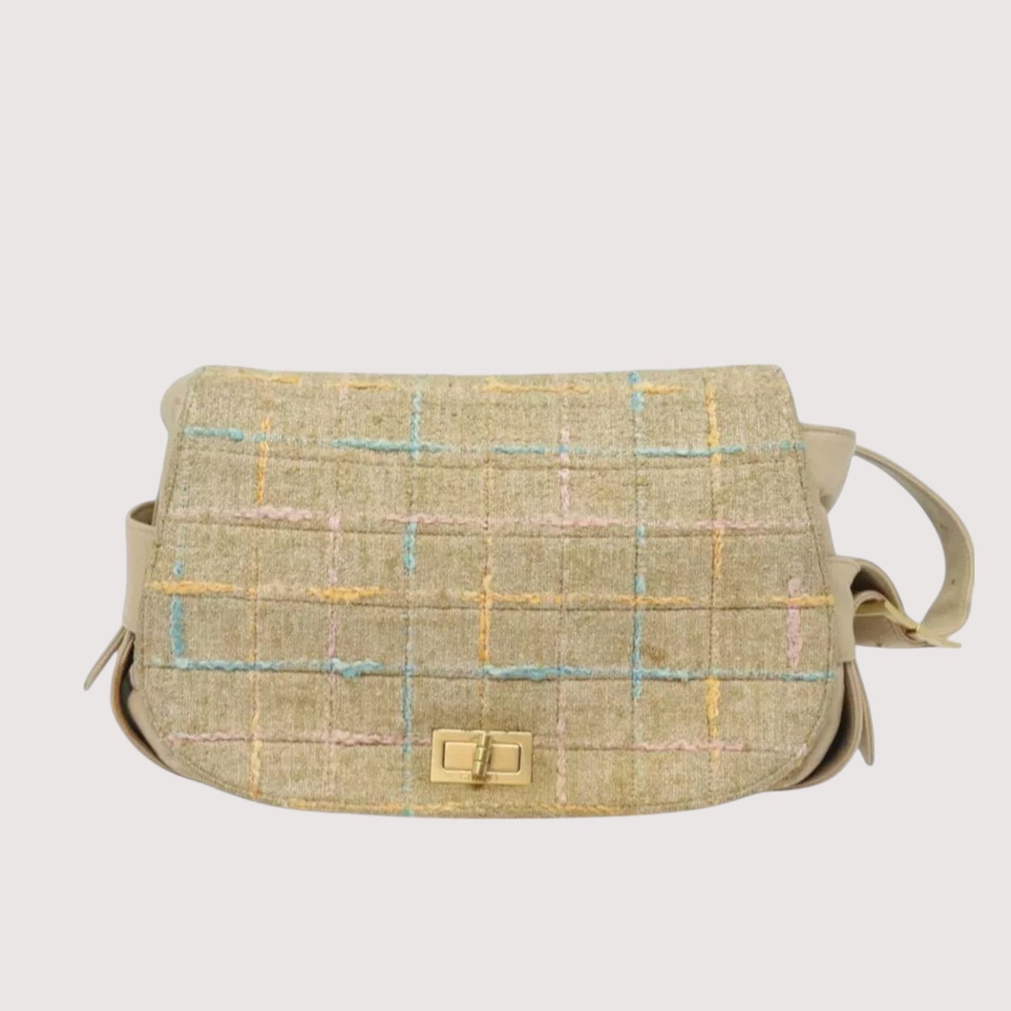 CHANEL Choco Bar Turn Lock Shoulder Bag Wool Women Vintage Multicolor Beige Gold Hardware