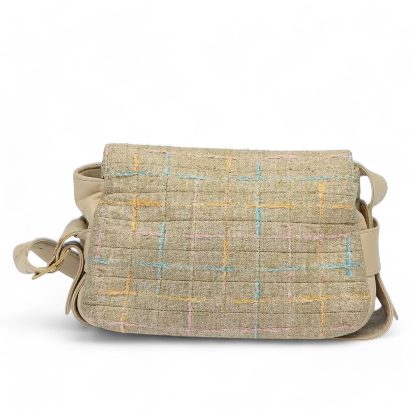 CHANEL Choco Bar Turn Lock Shoulder Bag Wool Women Vintage Multicolor Beige Gold Hardware