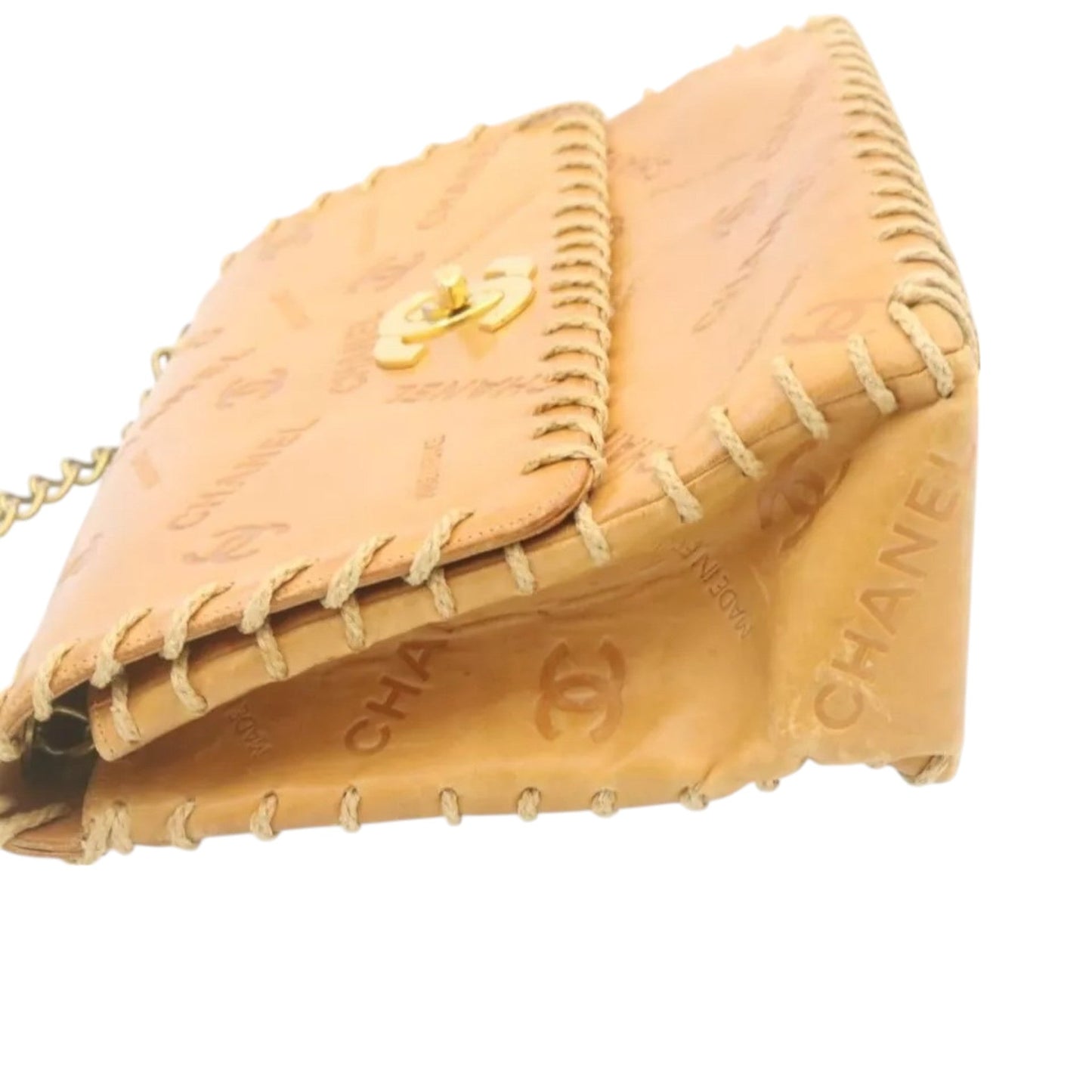 Chanel Raffia Chain Flap Shoulder Bag Beige Leather