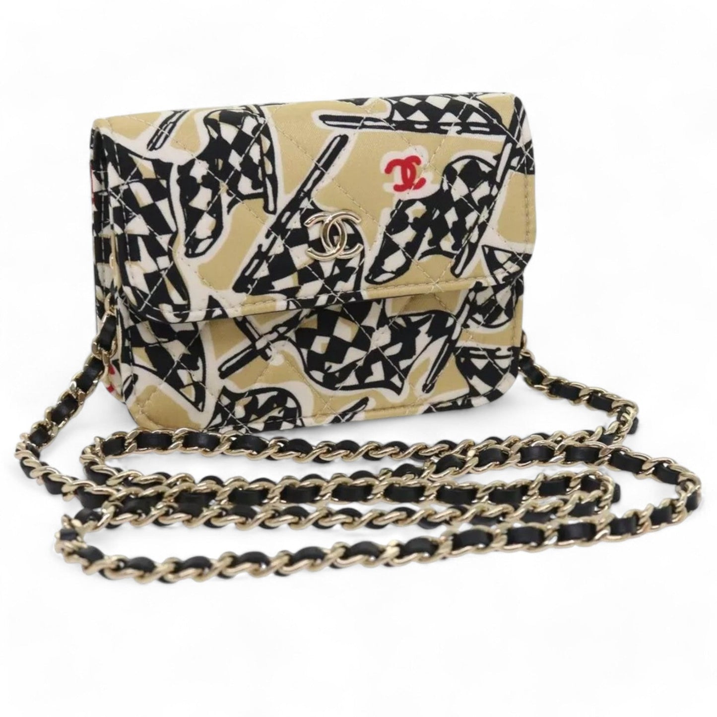 Chanel Mini Matelasse Shoulder Bag Canvas Beige Black CC Logo Chain Strap Women Handbag