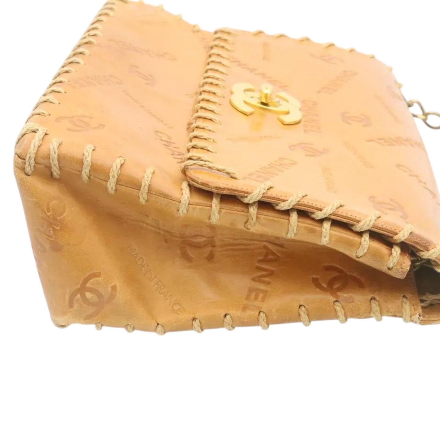Chanel Raffia Chain Flap Shoulder Bag Beige Leather