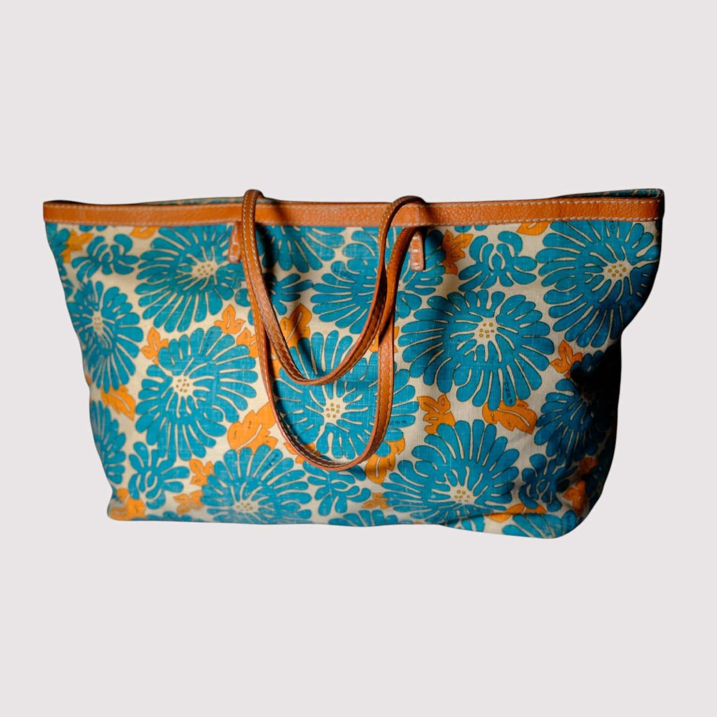 Fendi Floral Canvas Tote Bag Blue Orange Women's Handbag Large Vintage Designer Purse