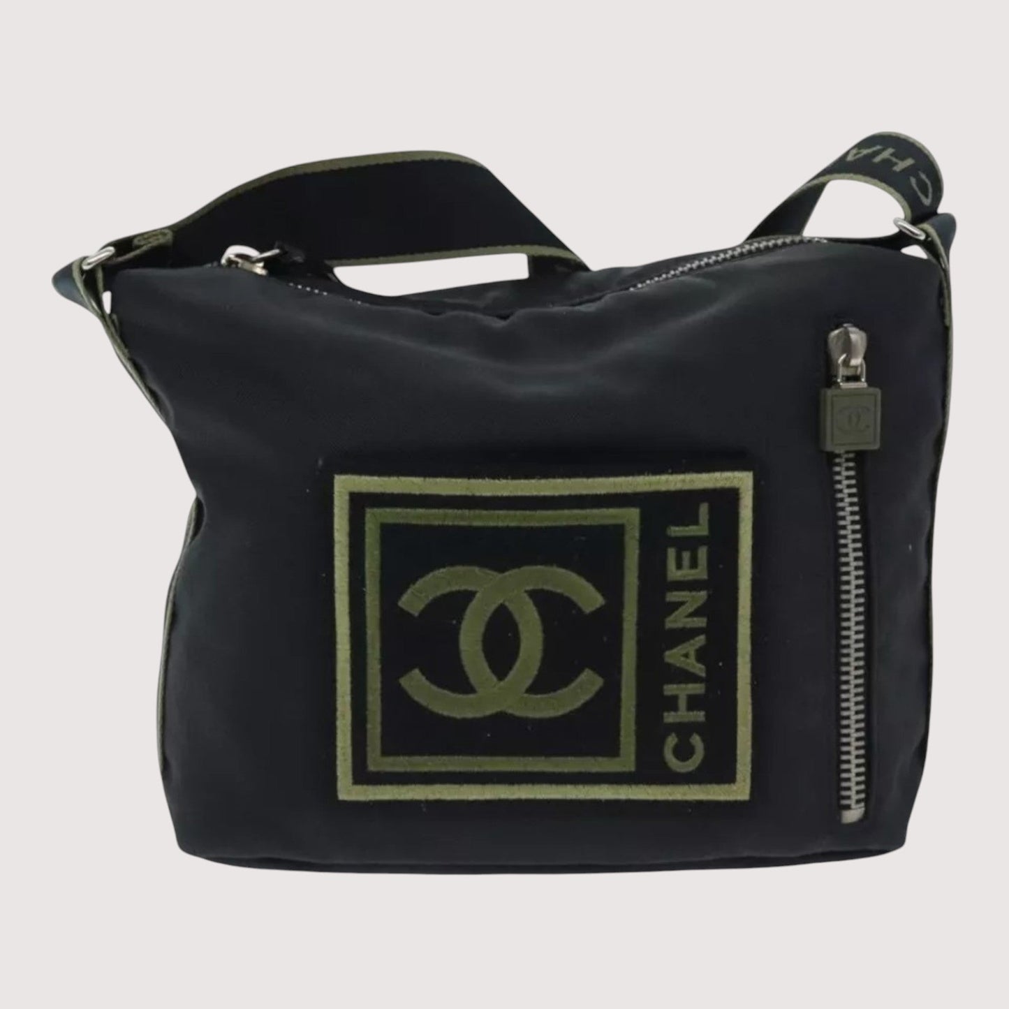 Chanel Sports Coco Mark Shoulder Bag Nylon Black Silver Vintage Crossbody Purse