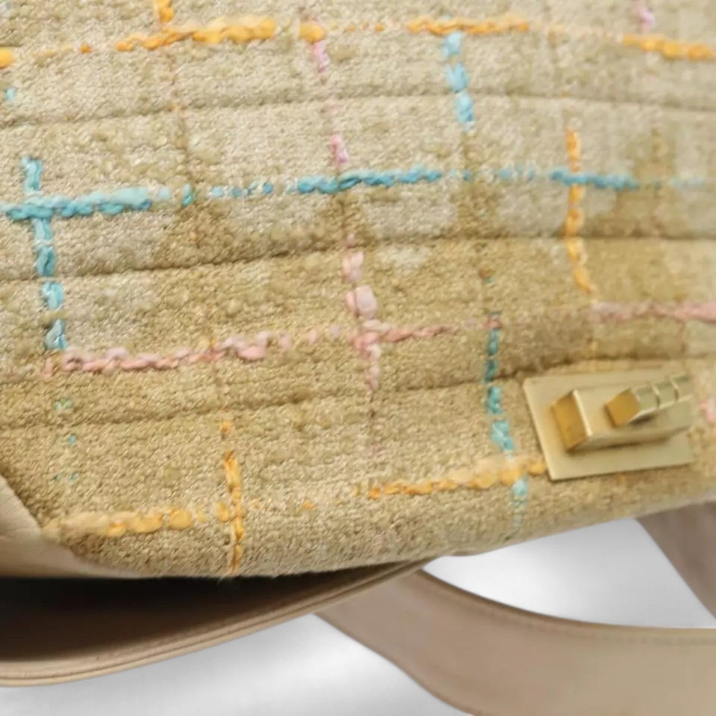 CHANEL Choco Bar Turn Lock Shoulder Bag Wool Women Vintage Multicolor Beige Gold Hardware
