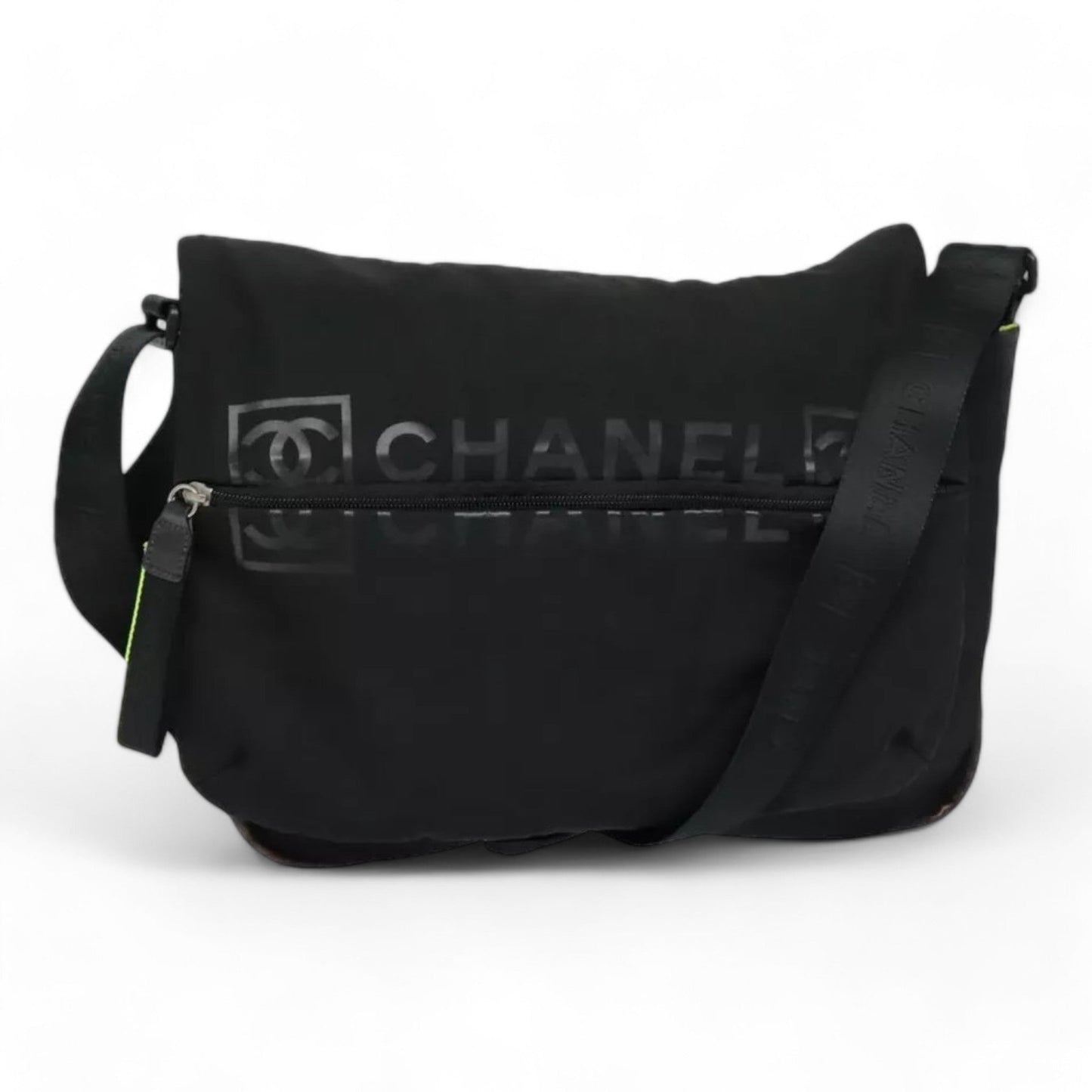 Chanel Sports Shoulder Bag Nylon Black Silver Unisex CC Logo Adjustable Strap