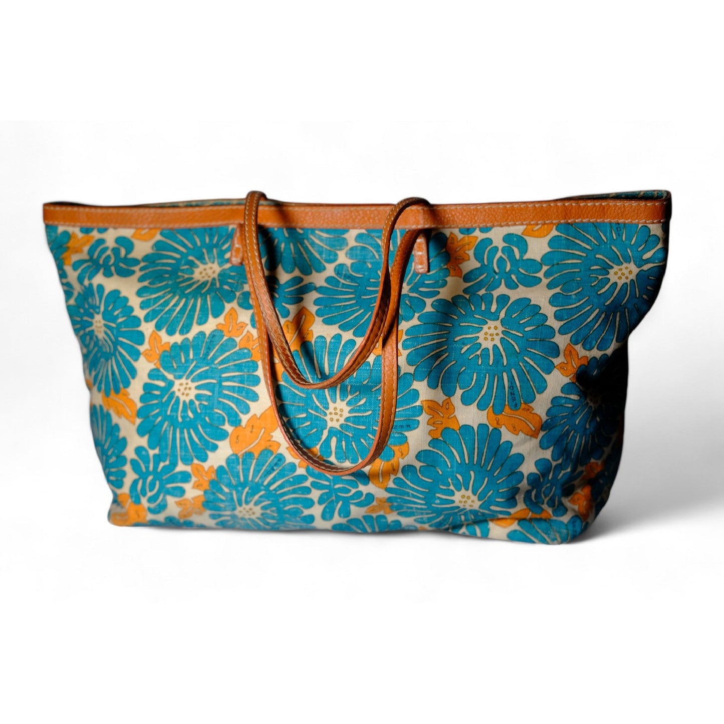 Fendi Floral Canvas Tote Bag Blue Orange Women's Handbag Large Vintage Designer Purse