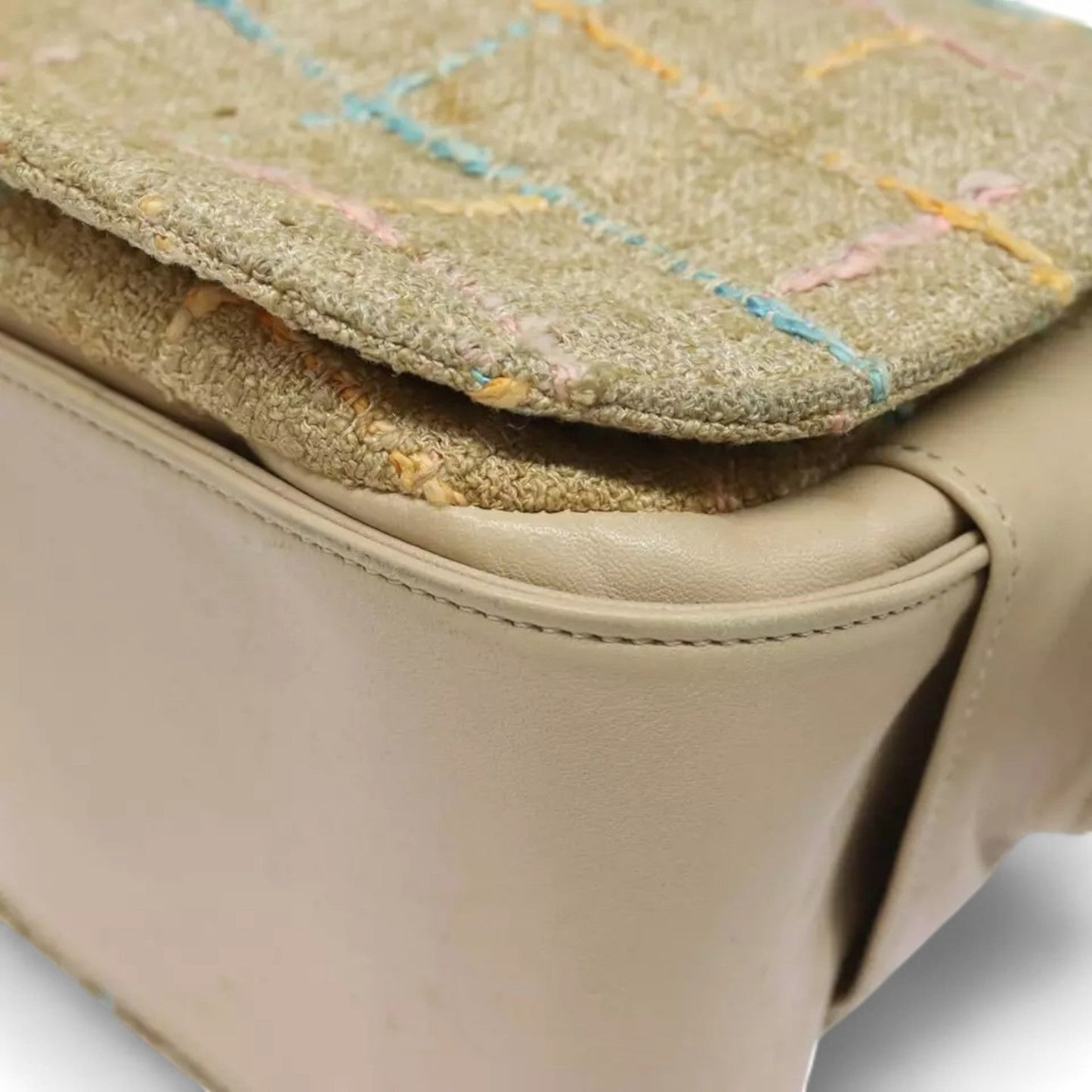 CHANEL Choco Bar Turn Lock Shoulder Bag Wool Women Vintage Multicolor Beige Gold Hardware