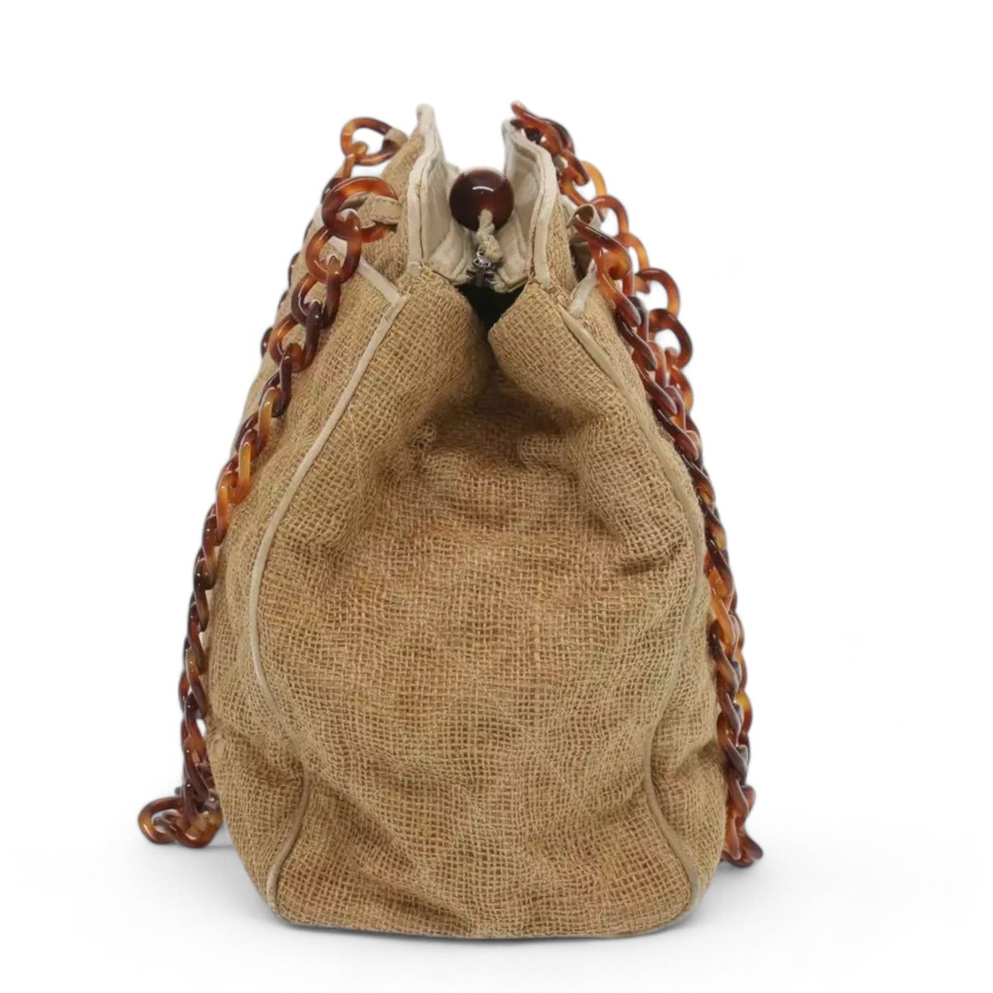 Chanel Matelasse Tote Bag Straw Brown CC Auth Quilted Chain Strap