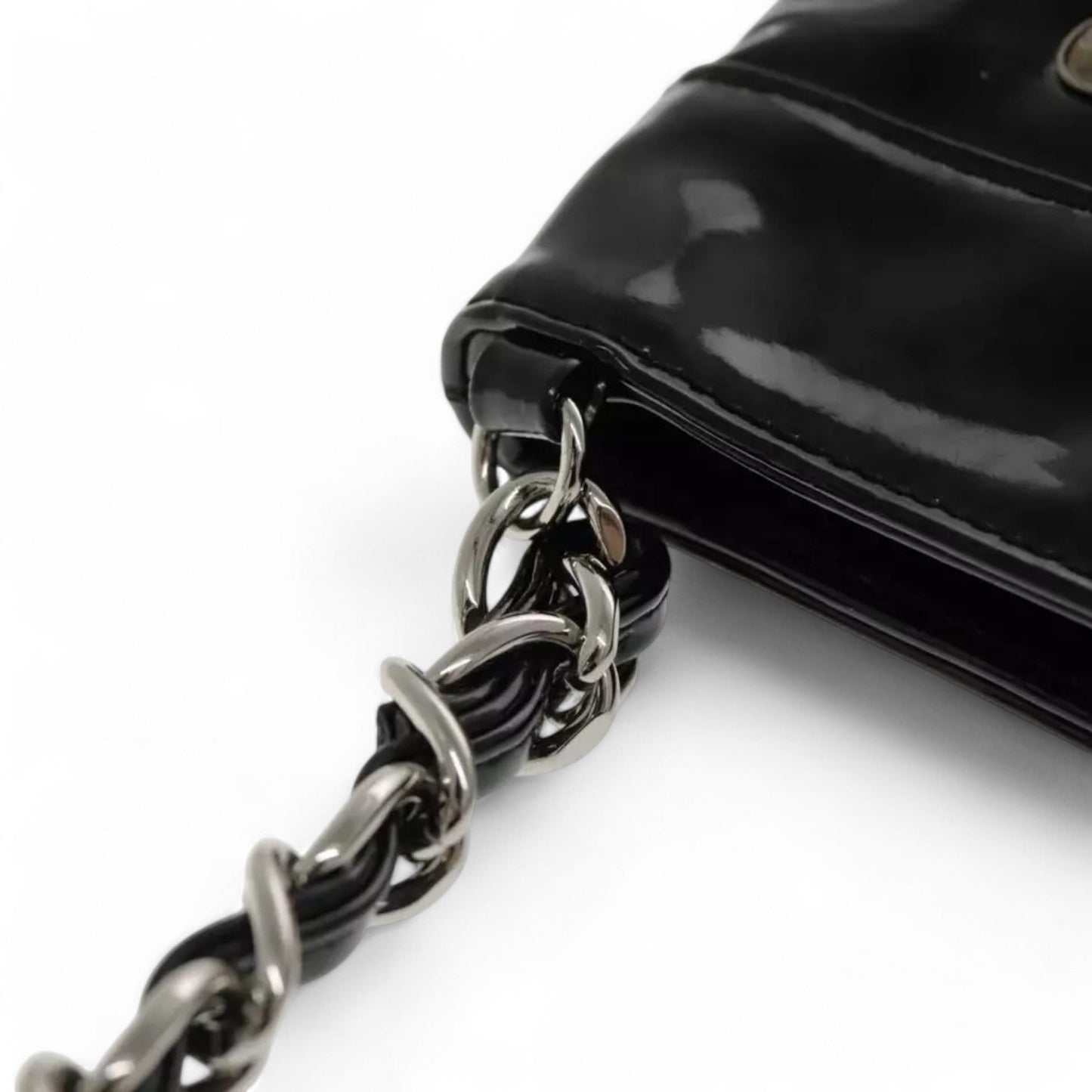 CHANEL Matelasse Chain Shoulder Bag Patent Leather Black Silver CC